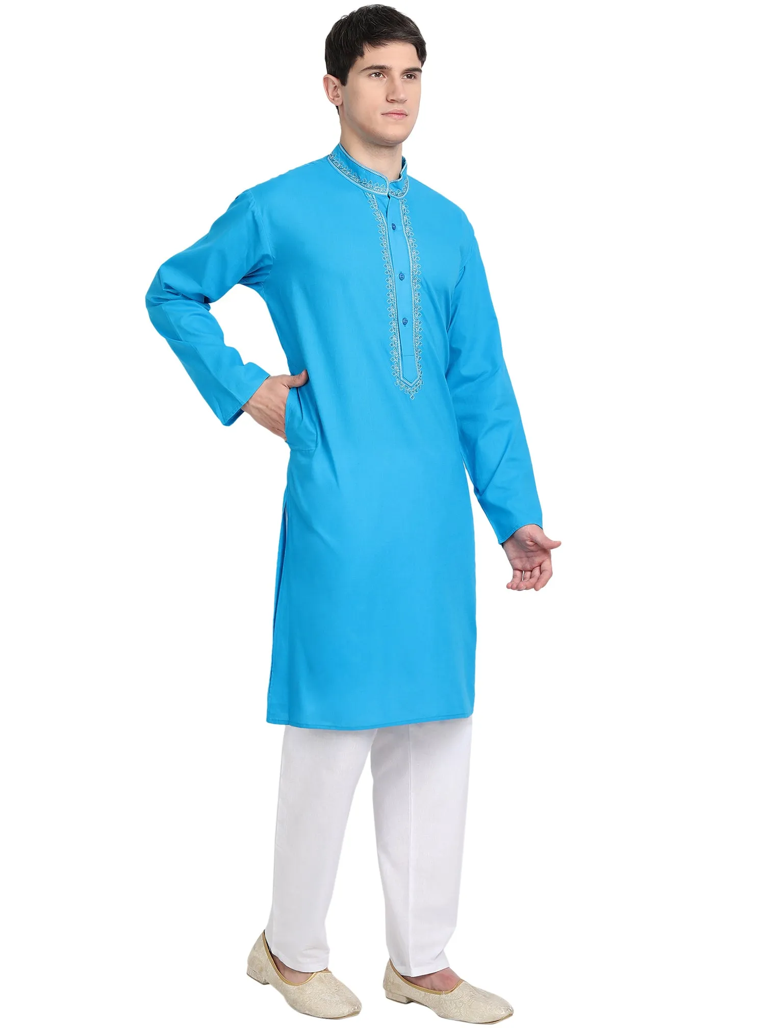 Kurta Pajama Set For Men Embroide Cotton Party Dress Turquoise
