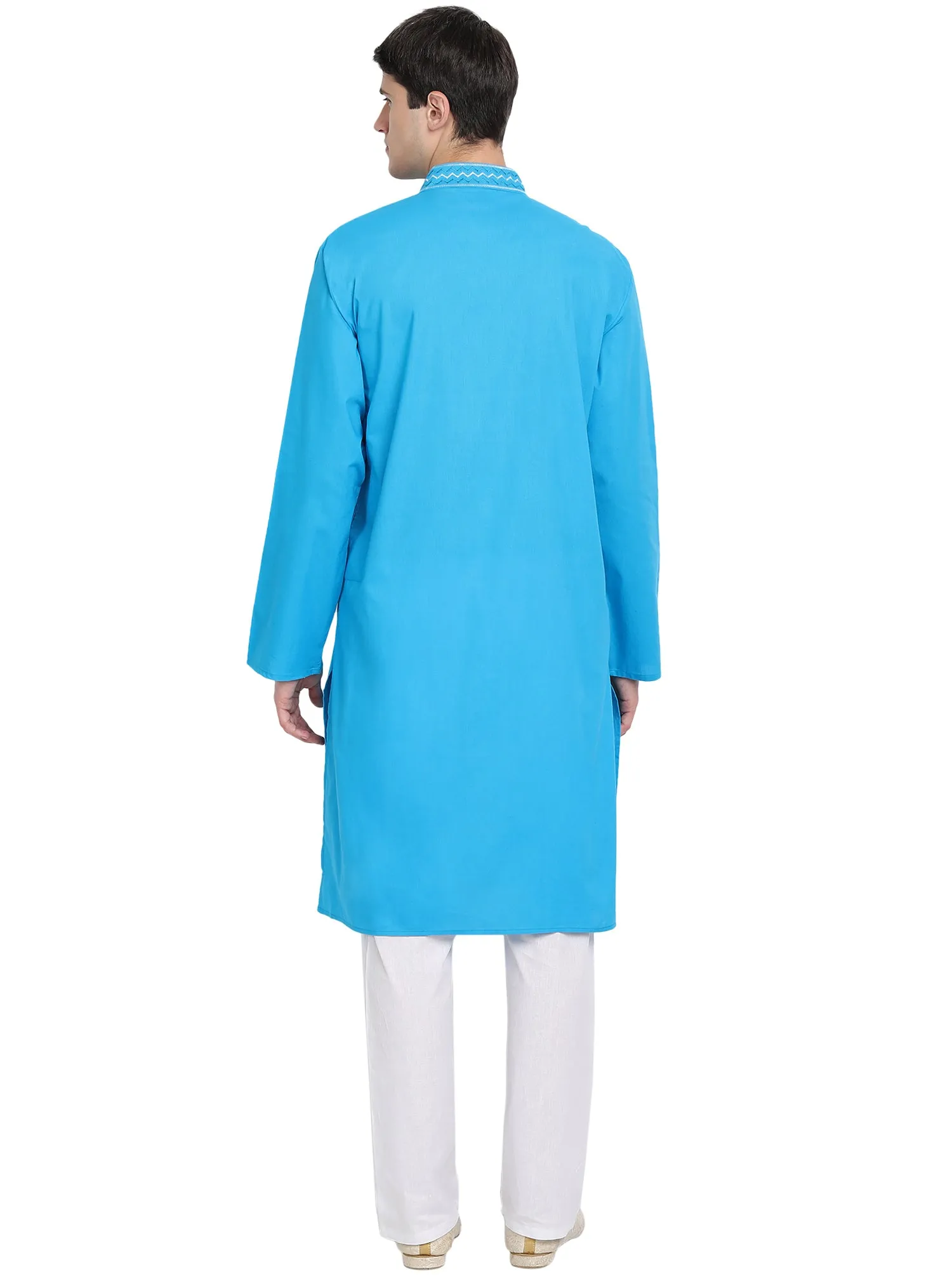 Kurta Pajama Set For Men Embroide Cotton Party Dress Turquoise