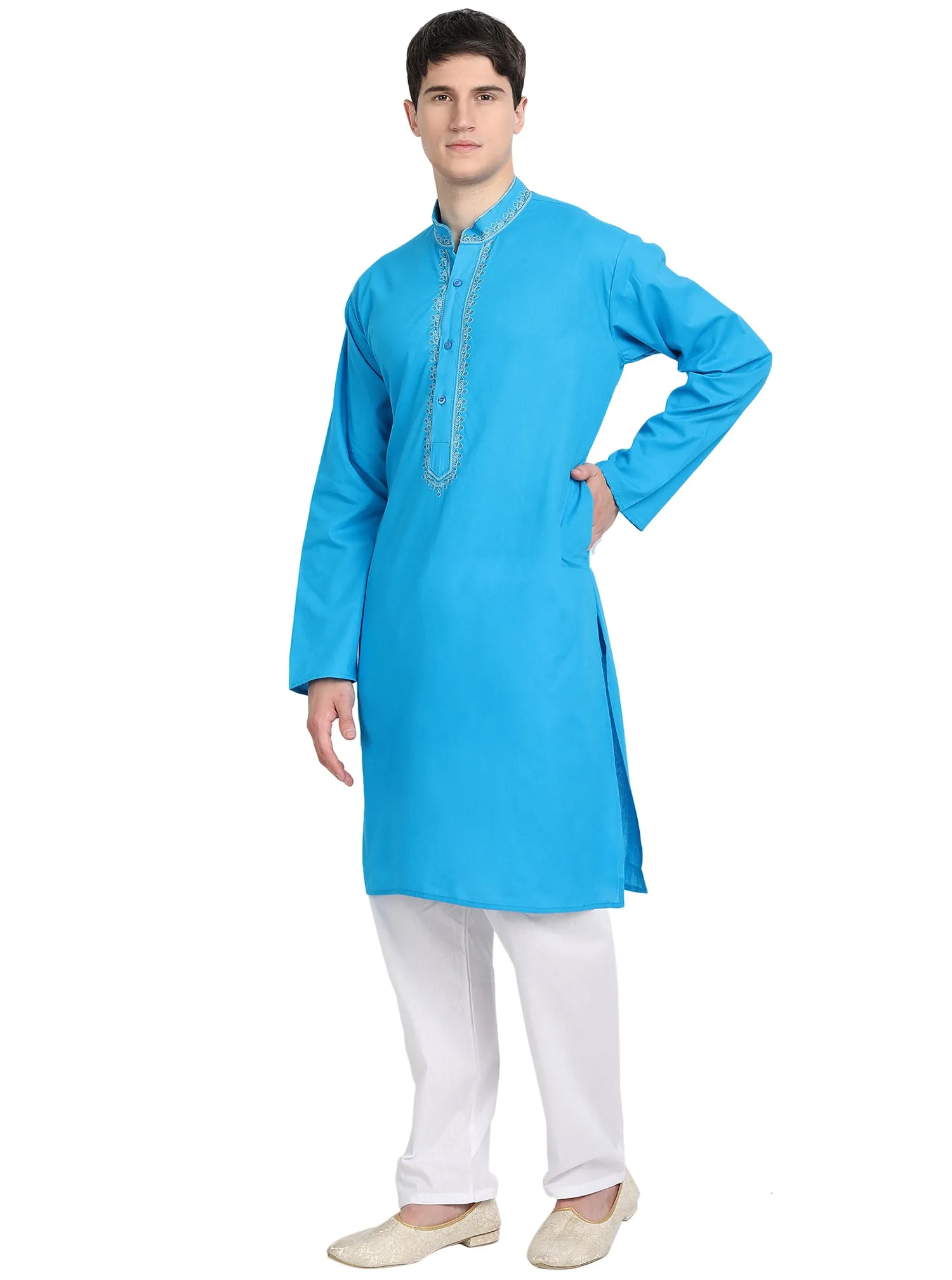 Kurta Pajama Set For Men Embroide Cotton Party Dress Turquoise