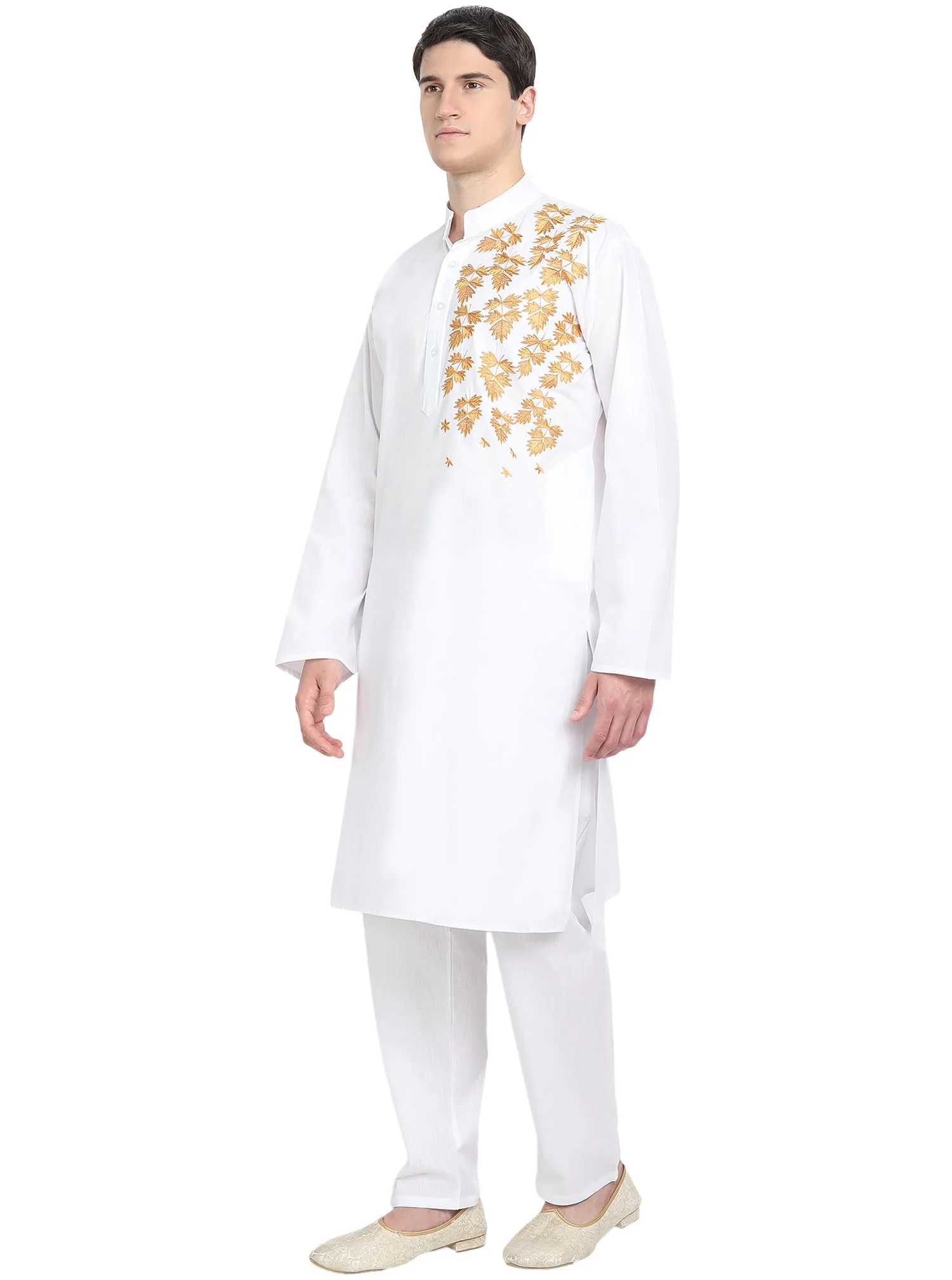 Kurta Pajama Set For Men Embroide Cotton Wedding Party Dress White