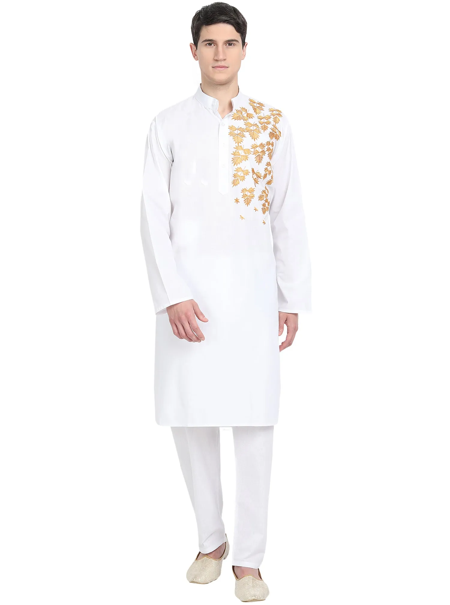 Kurta Pajama Set For Men Embroide Cotton Wedding Party Dress White