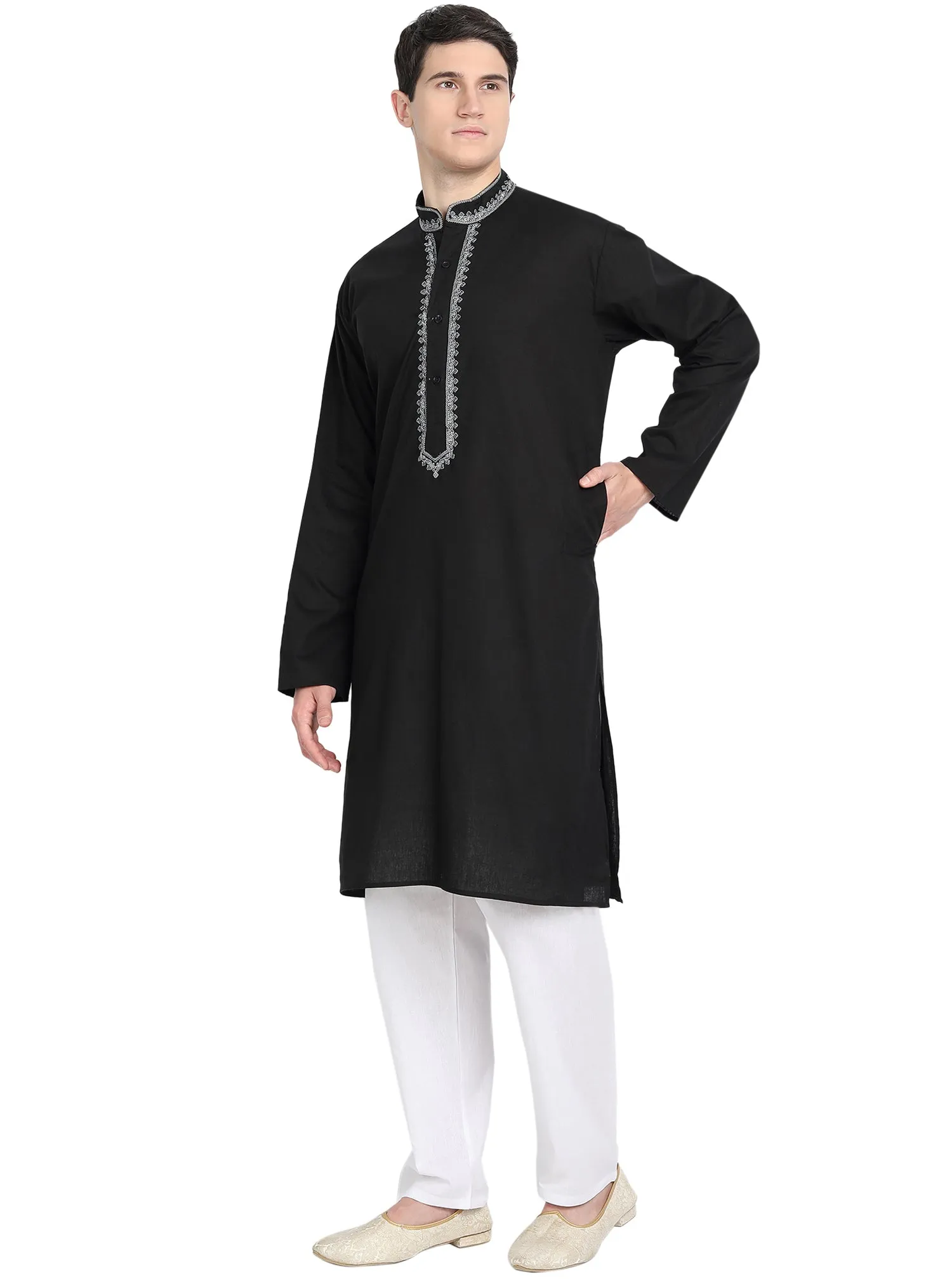 Kurta Pajama Set For Men Embroidered Cotton Party Dress Black