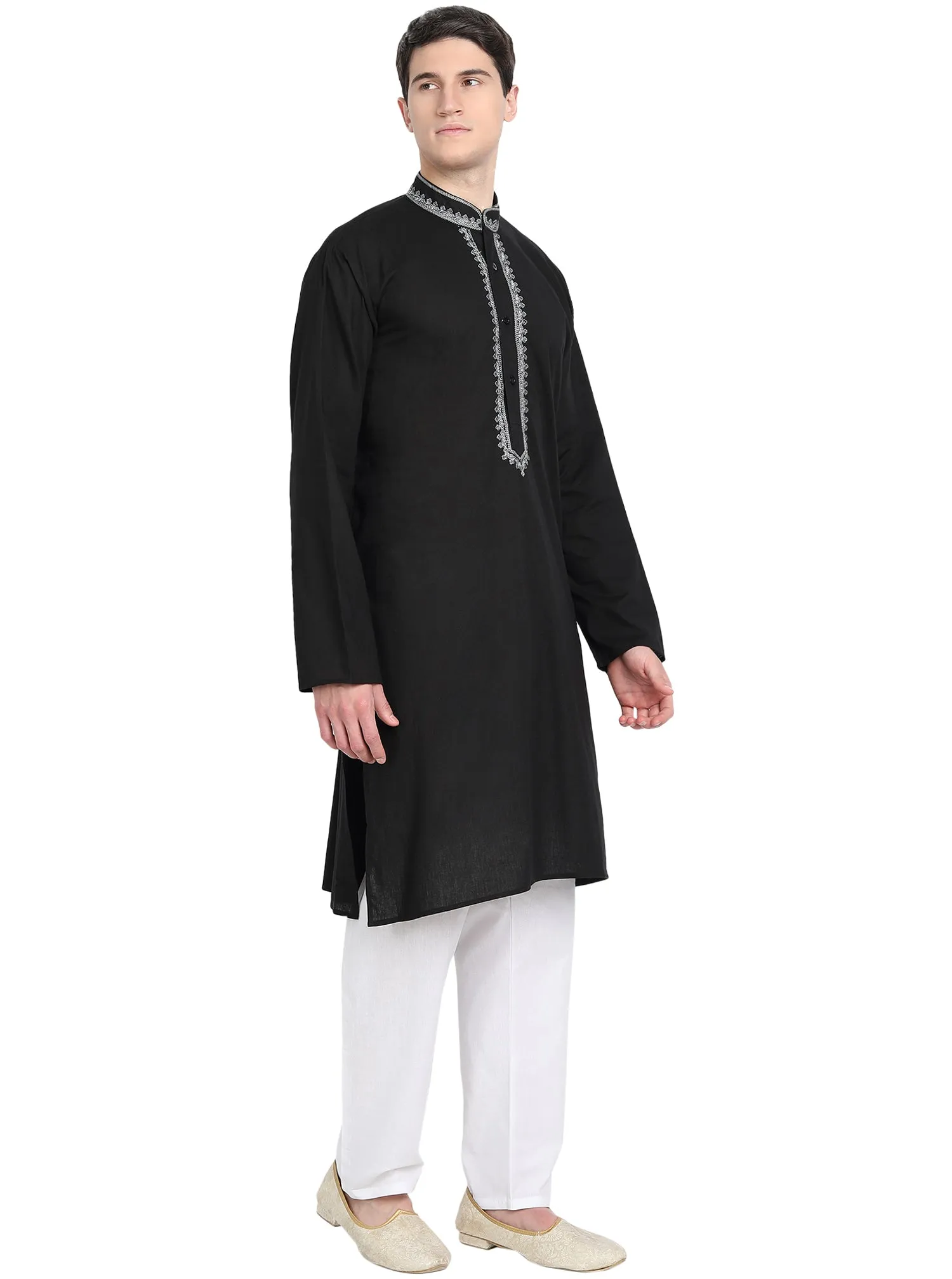 Kurta Pajama Set For Men Embroidered Cotton Party Dress Black