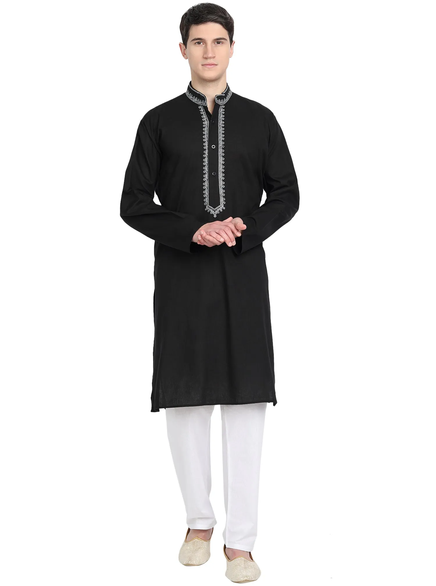 Kurta Pajama Set For Men Embroidered Cotton Party Dress Black