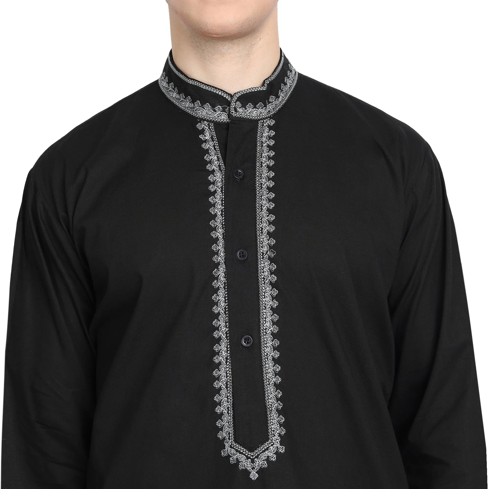 Kurta Pajama Set For Men Embroidered Cotton Party Dress Black