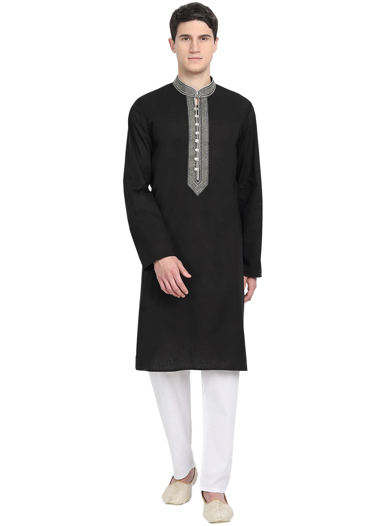 Kurta Pajama Set For Men Long Sleeve Cotton Party Dress Black