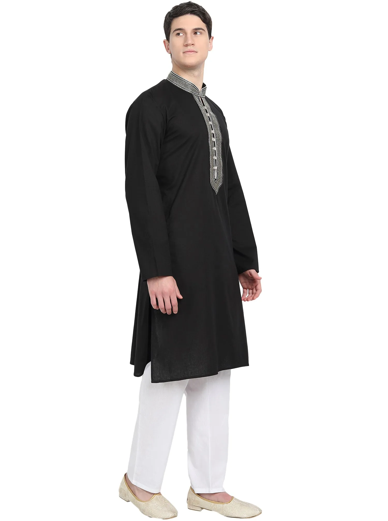 Kurta Pajama Set For Men Long Sleeve Cotton Party Dress Black