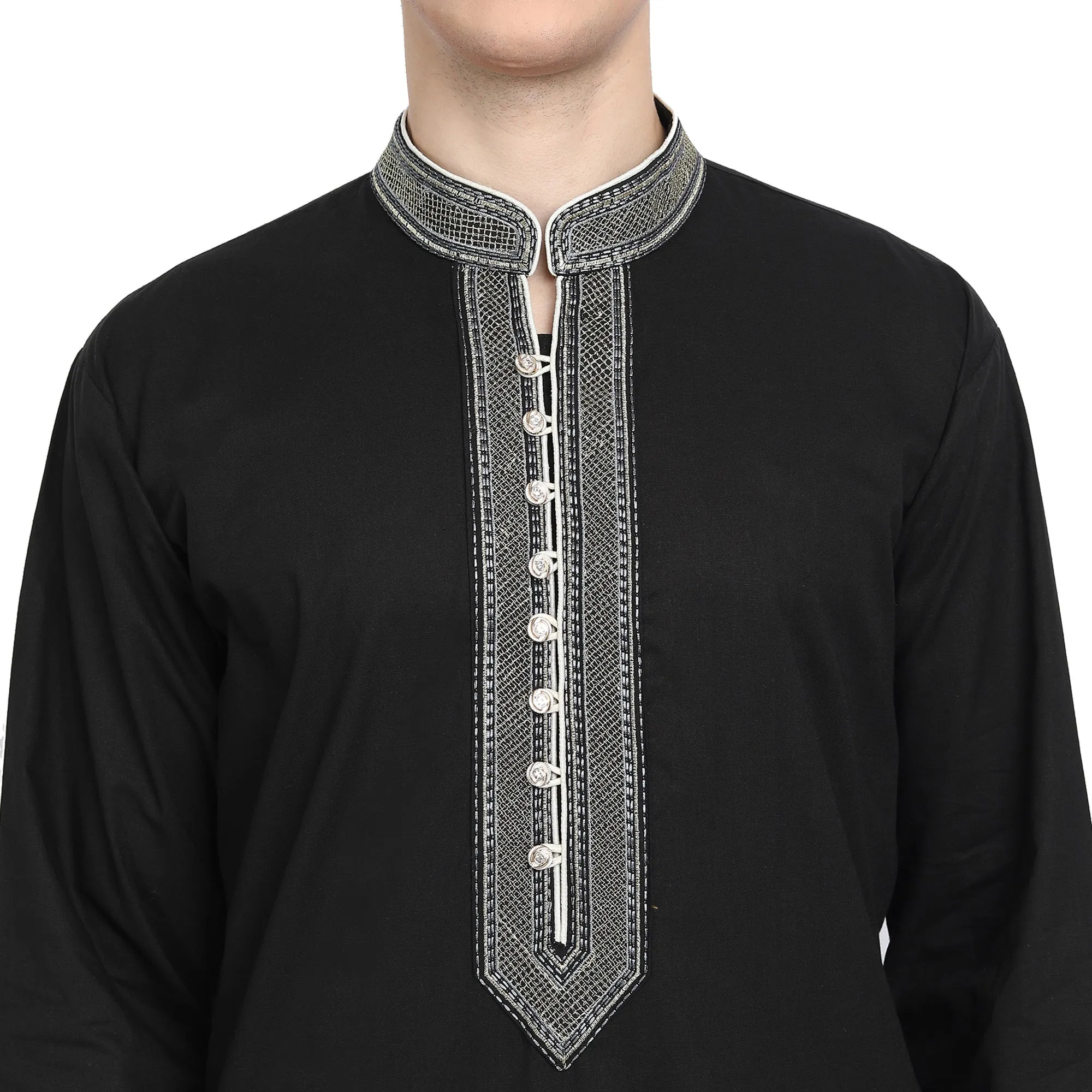 Kurta Pajama Set For Men Long Sleeve Cotton Party Dress Black