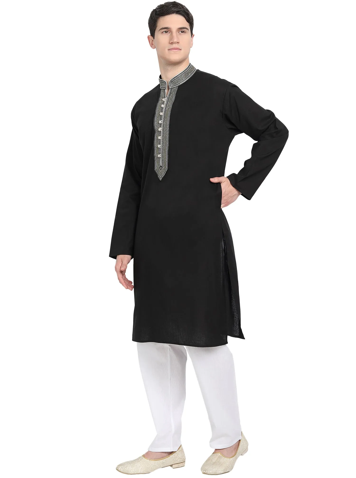 Kurta Pajama Set For Men Long Sleeve Cotton Party Dress Black