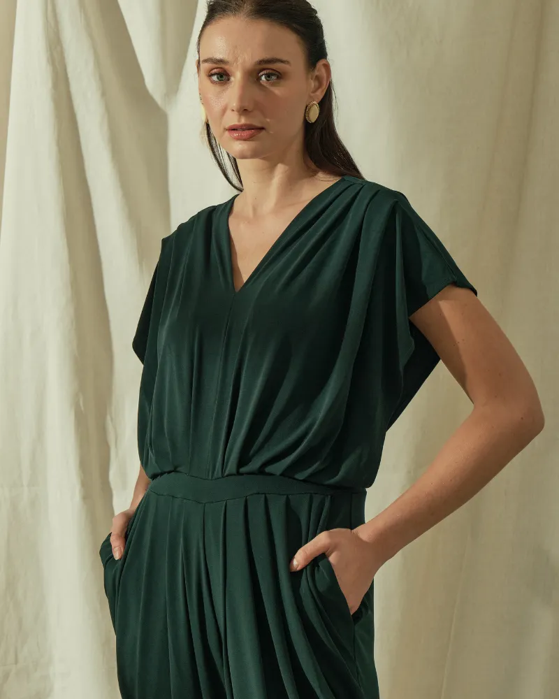 Nora V-Neck Pleated Jersey Jumpsuit
