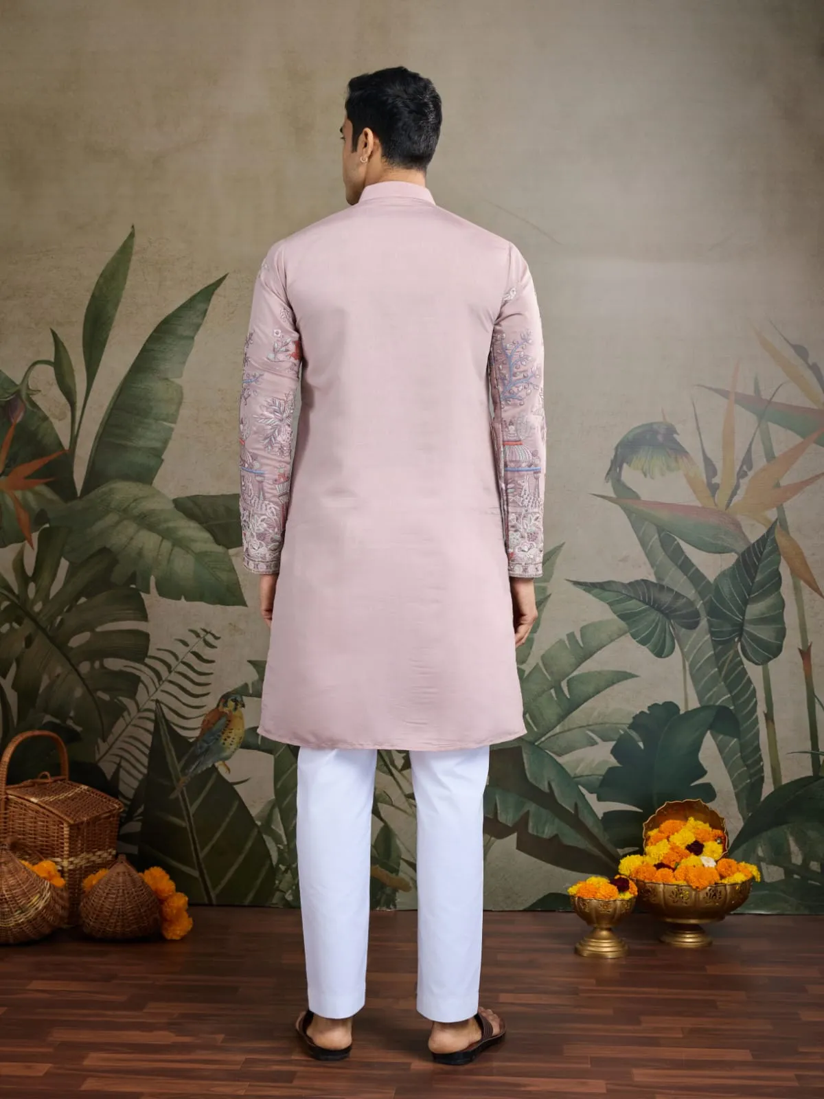 Peach Viscose Silk Heavy Thread Work Kurta Pajama