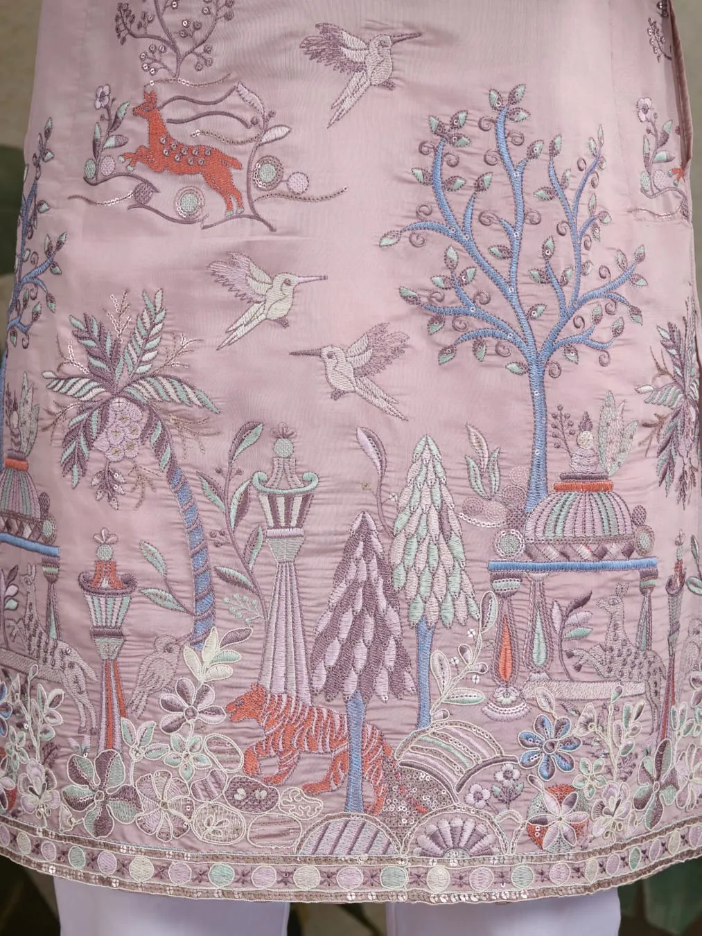 Peach Viscose Silk Heavy Thread Work Kurta Pajama