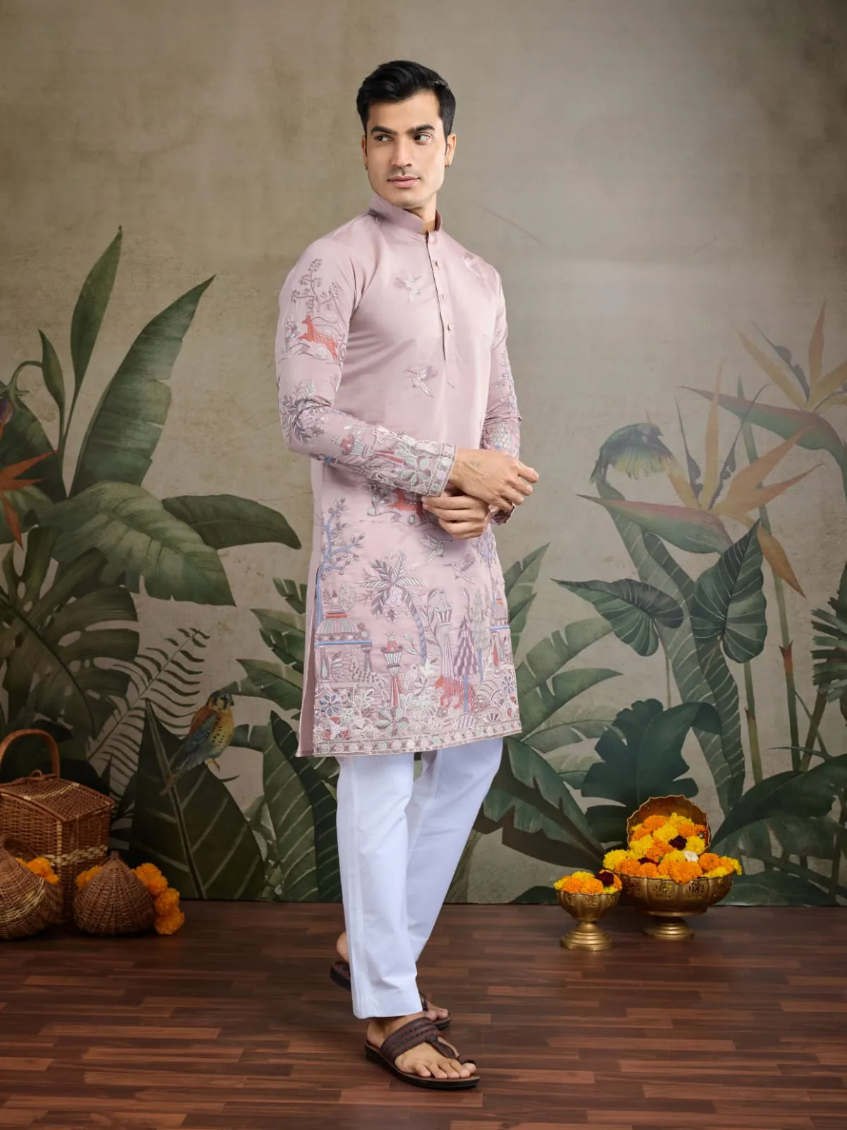 Peach Viscose Silk Heavy Thread Work Kurta Pajama