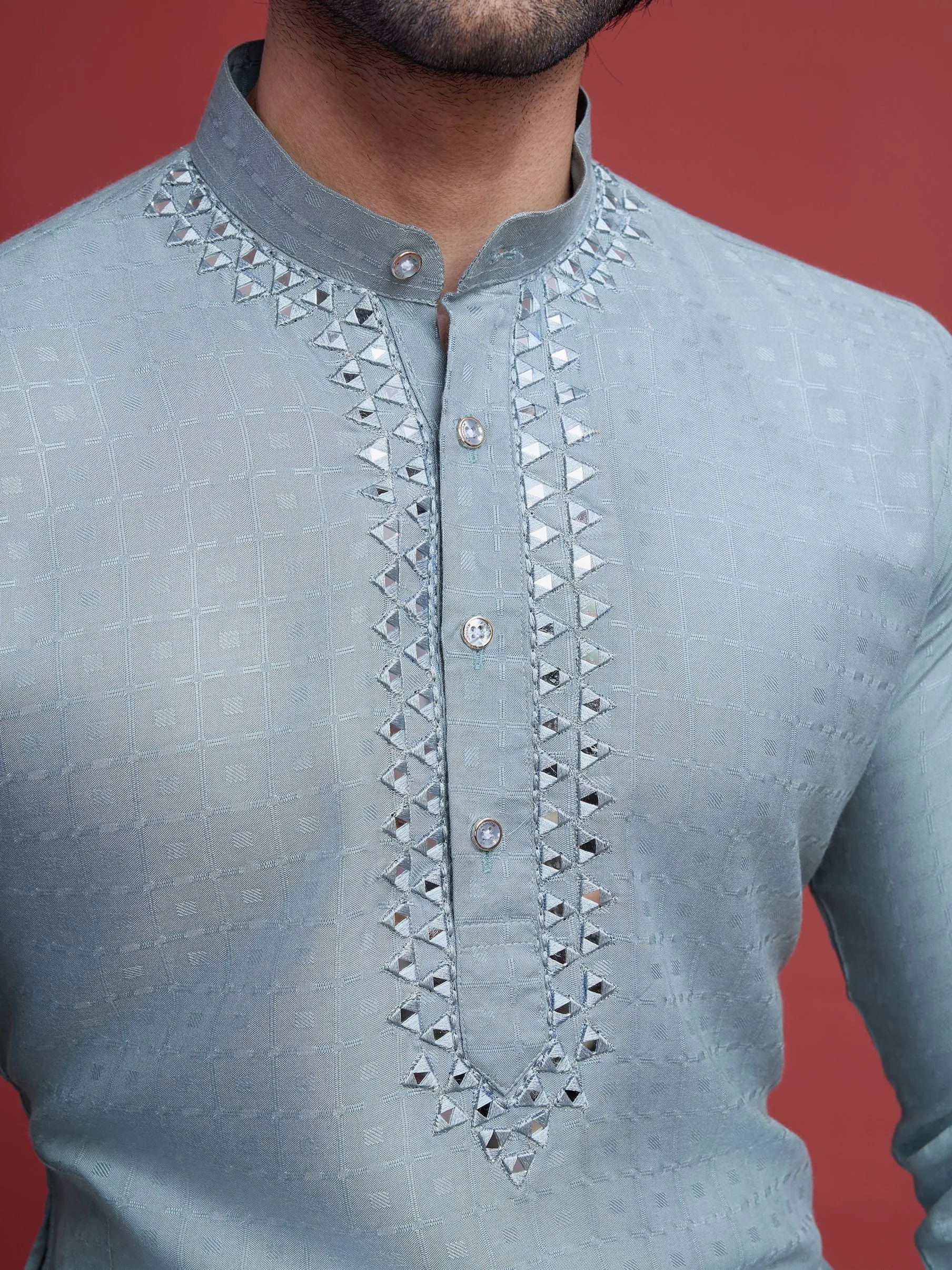 Pista Colour Reyon Silk With Mirror Work Kurta Payjama