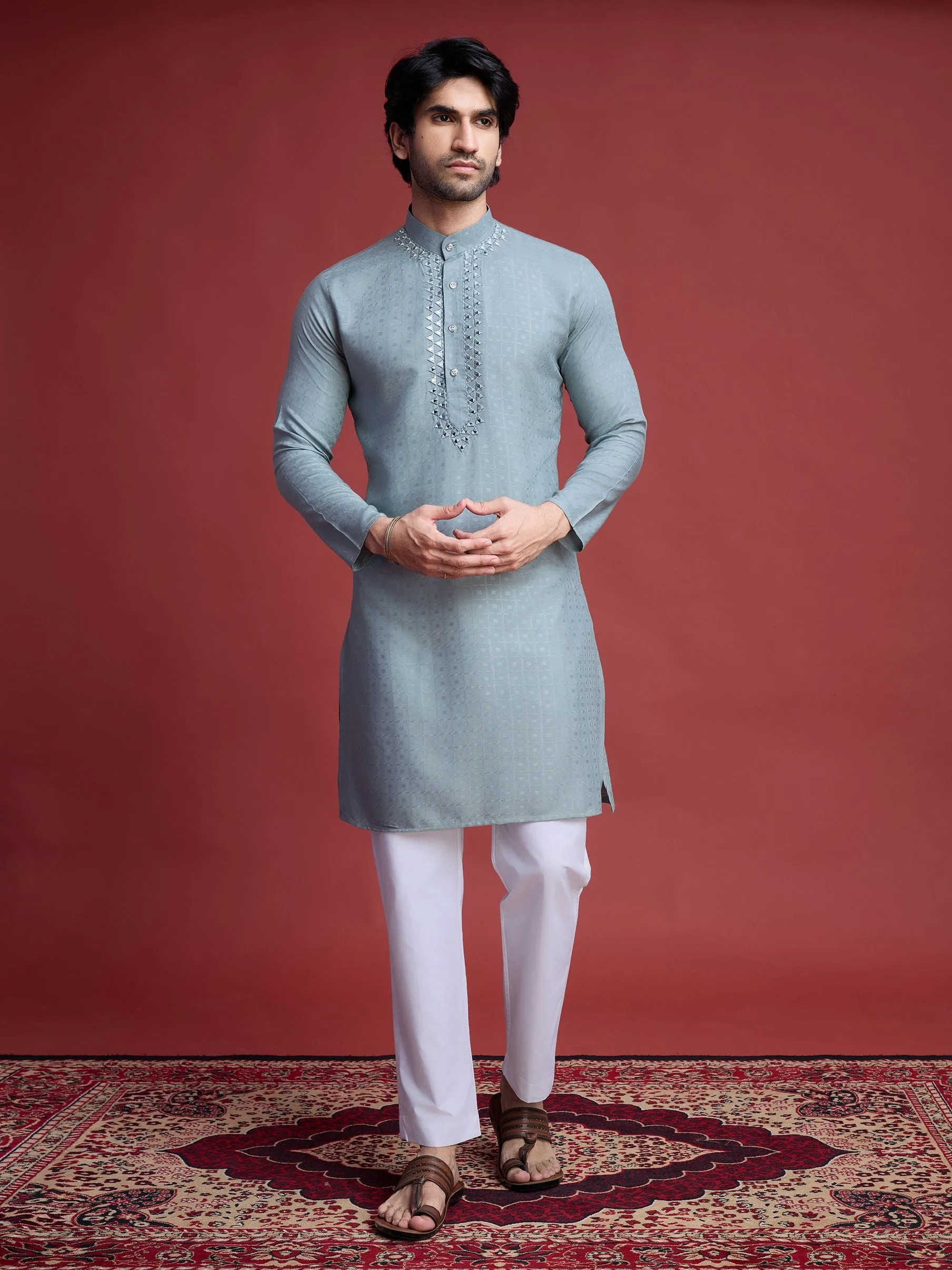 Pista Colour Reyon Silk With Mirror Work Kurta Payjama