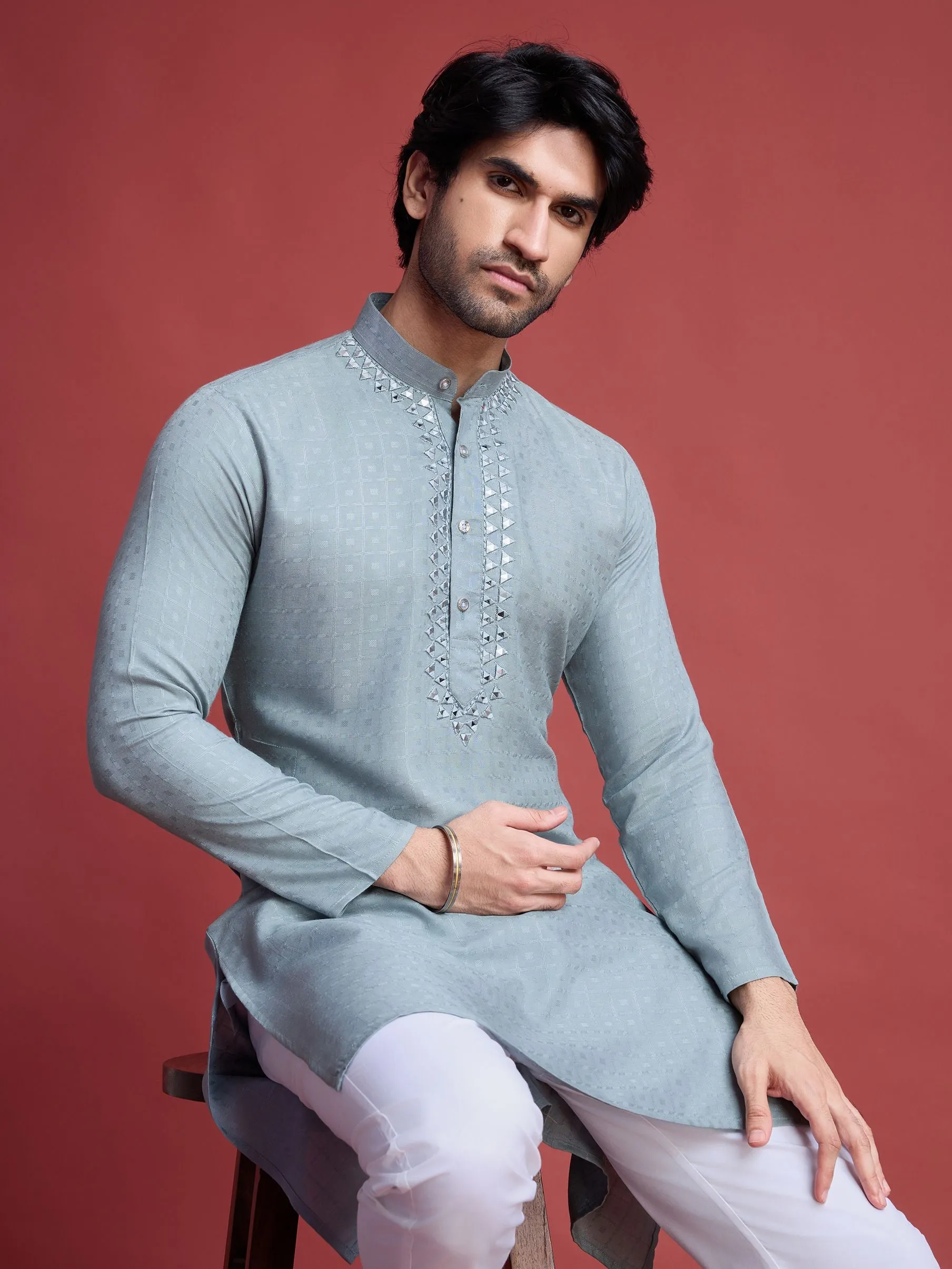Pista Colour Reyon Silk With Mirror Work Kurta Payjama