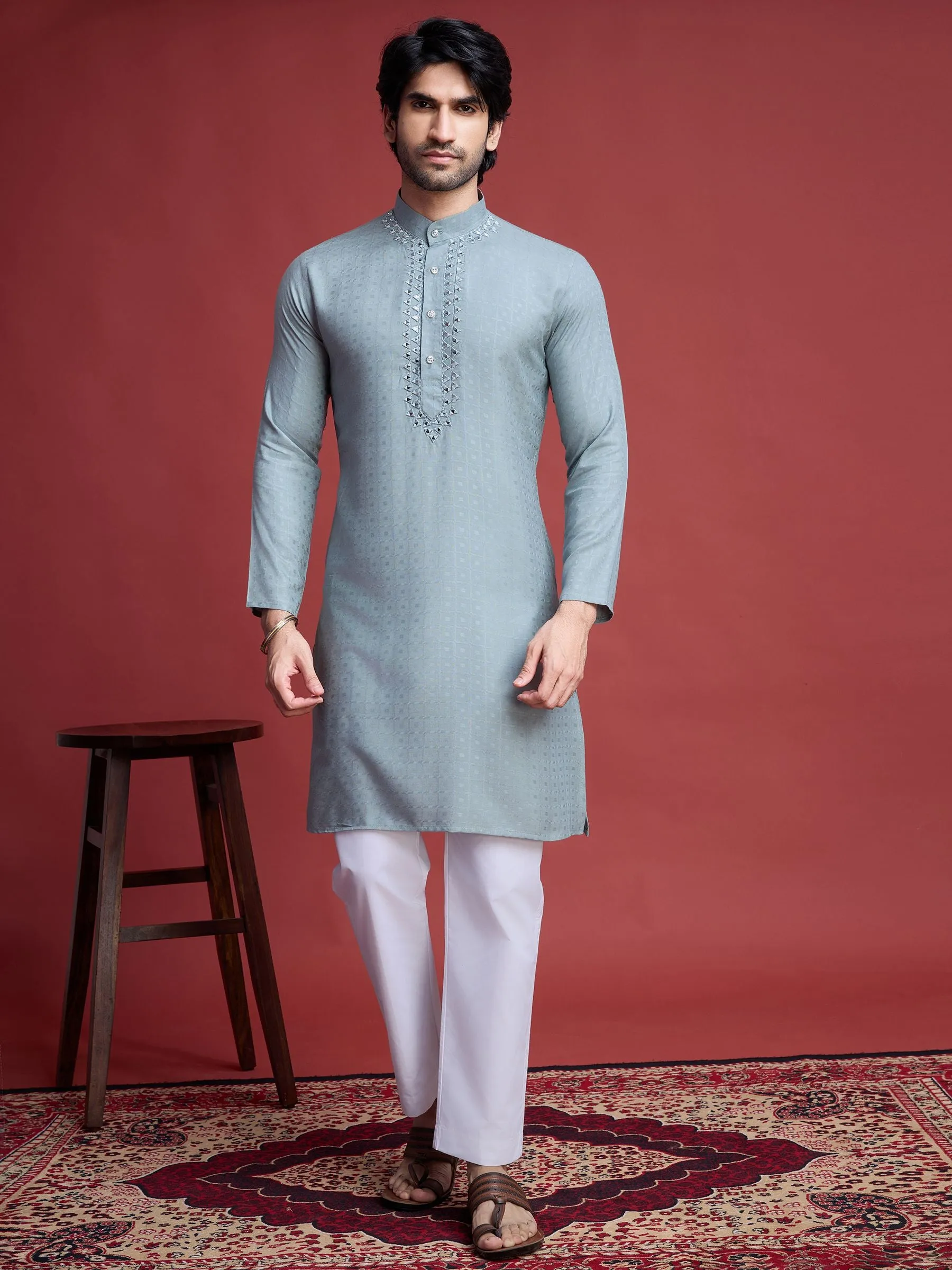 Pista Colour Reyon Silk With Mirror Work Kurta Payjama