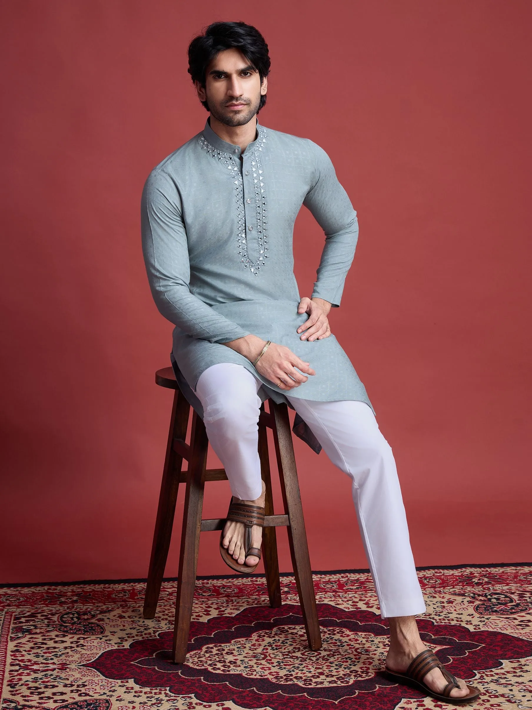 Pista Colour Reyon Silk With Mirror Work Kurta Payjama