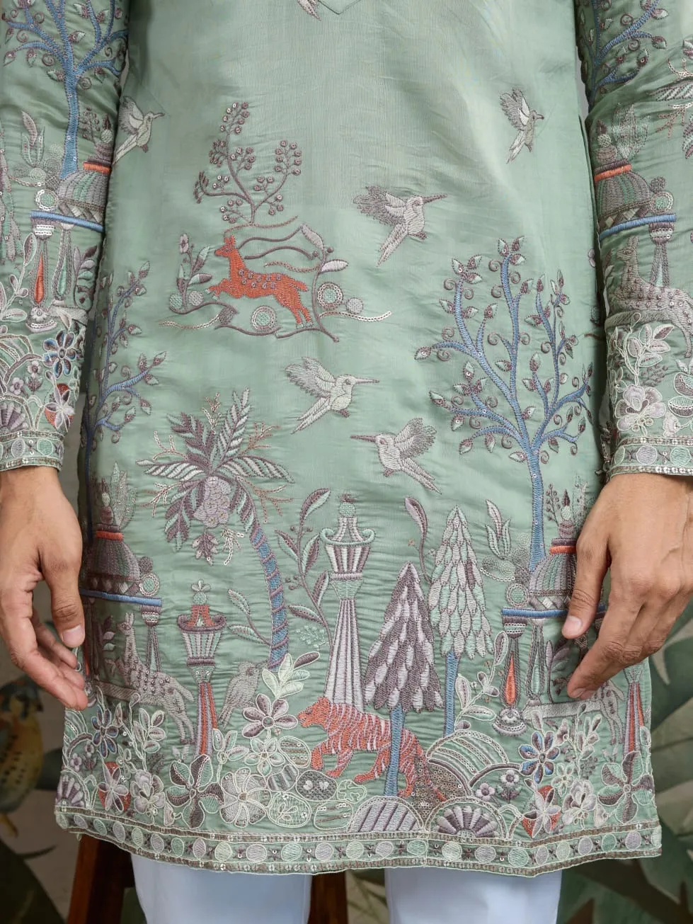 Pista Green Viscose Silk Heavy Thread Work Kurta Pajama