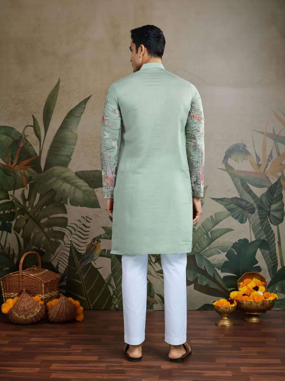 Pista Green Viscose Silk Heavy Thread Work Kurta Pajama