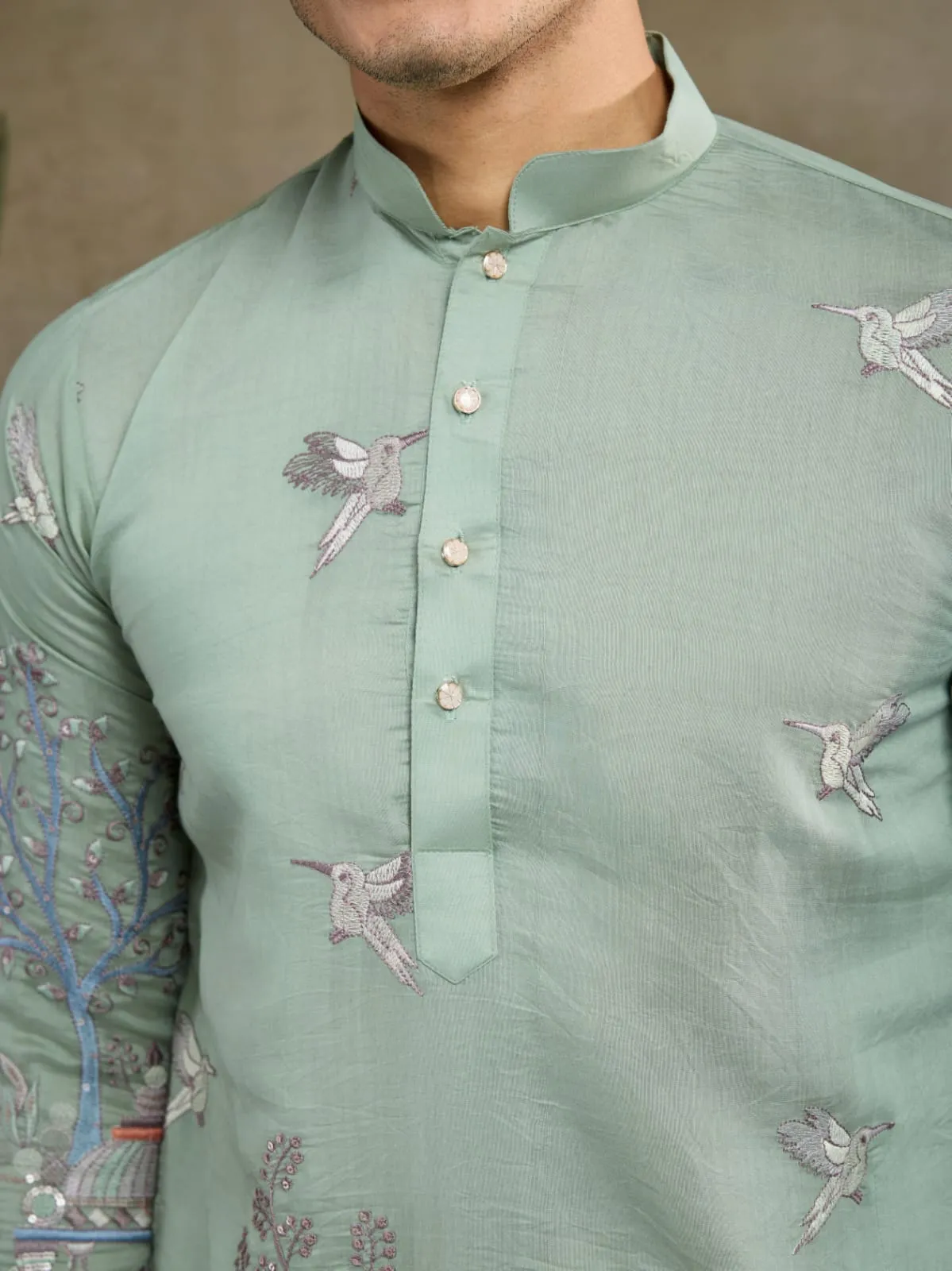 Pista Green Viscose Silk Heavy Thread Work Kurta Pajama