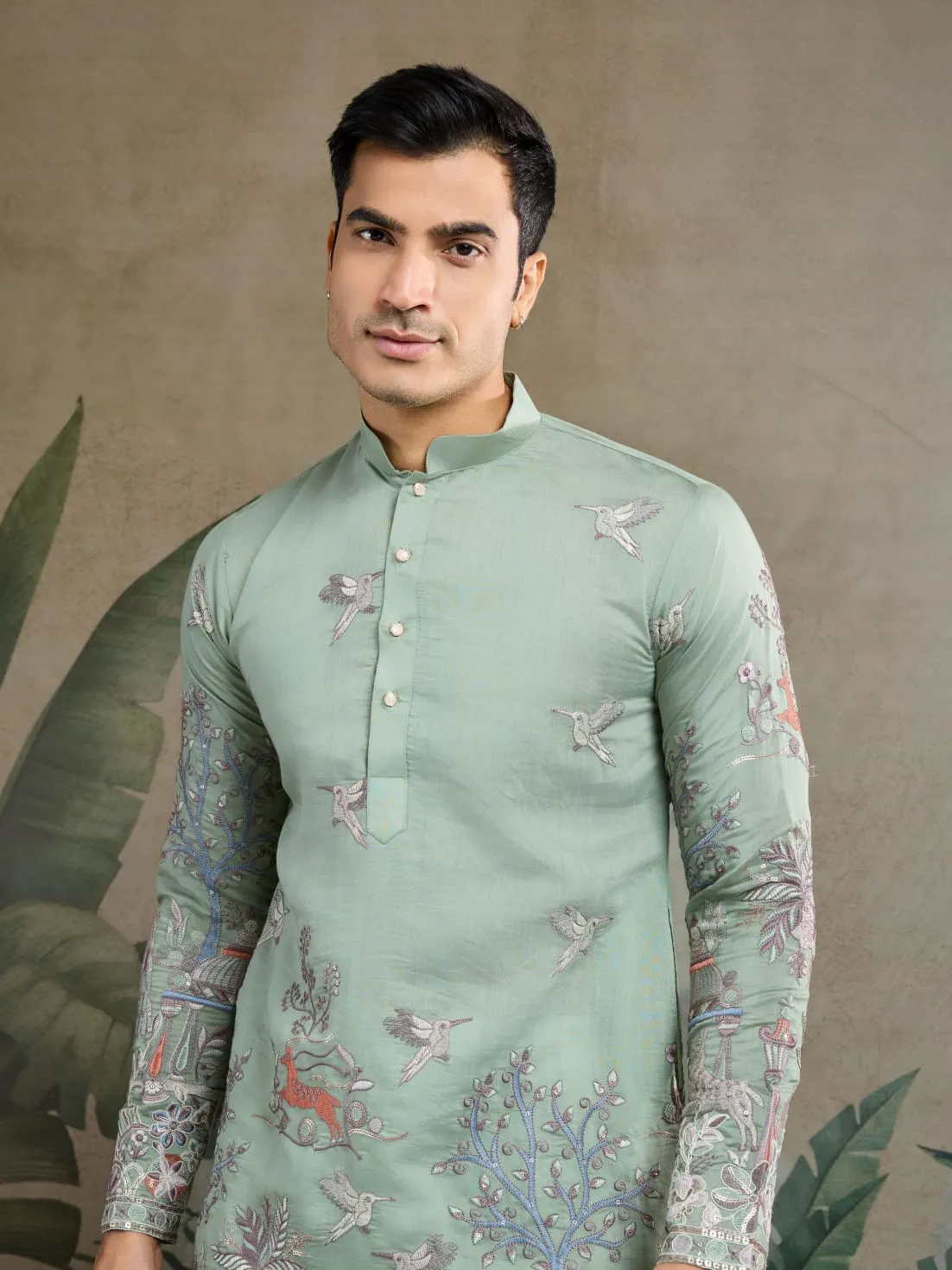 Pista Green Viscose Silk Heavy Thread Work Kurta Pajama