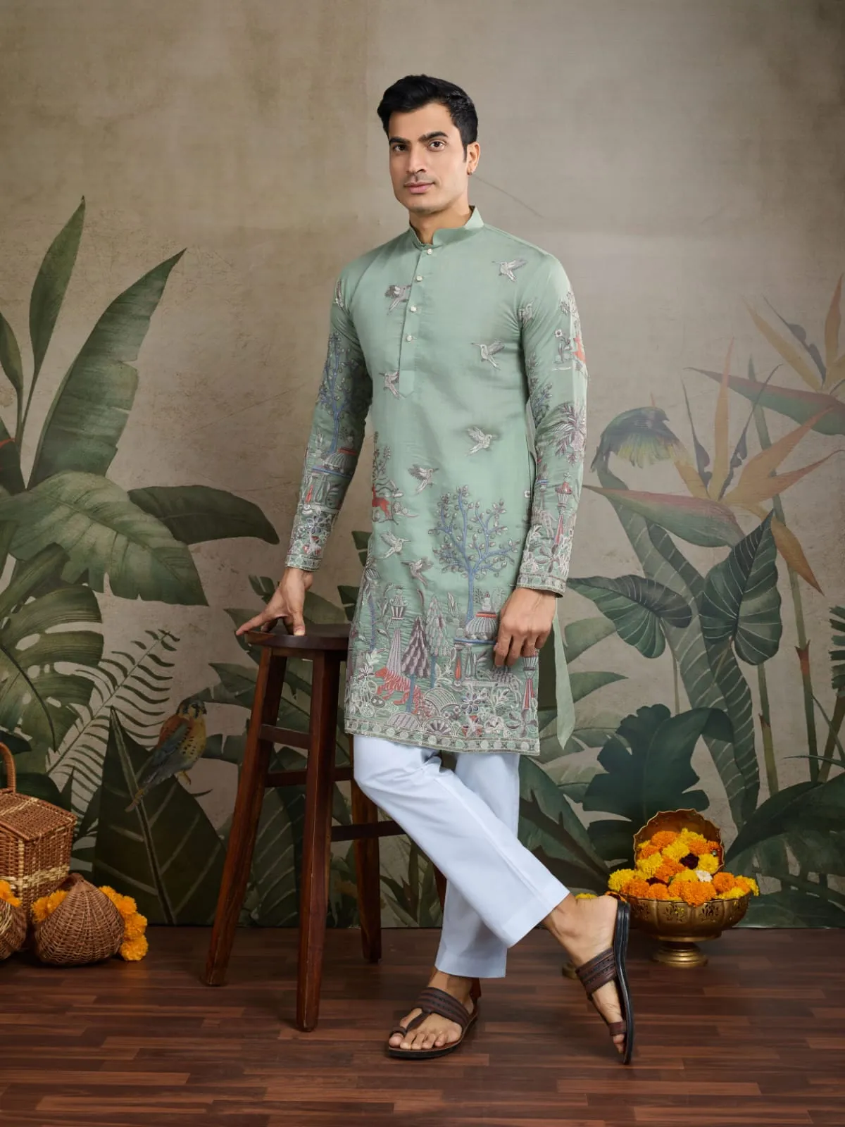 Pista Green Viscose Silk Heavy Thread Work Kurta Pajama