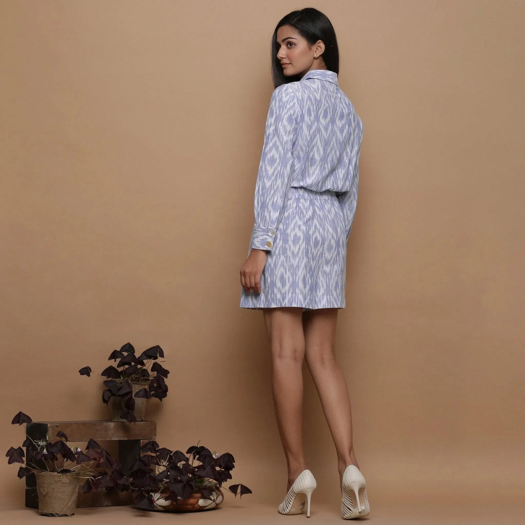 Powder Blue Ikat Cuff Sleeves Short Cotton Romper