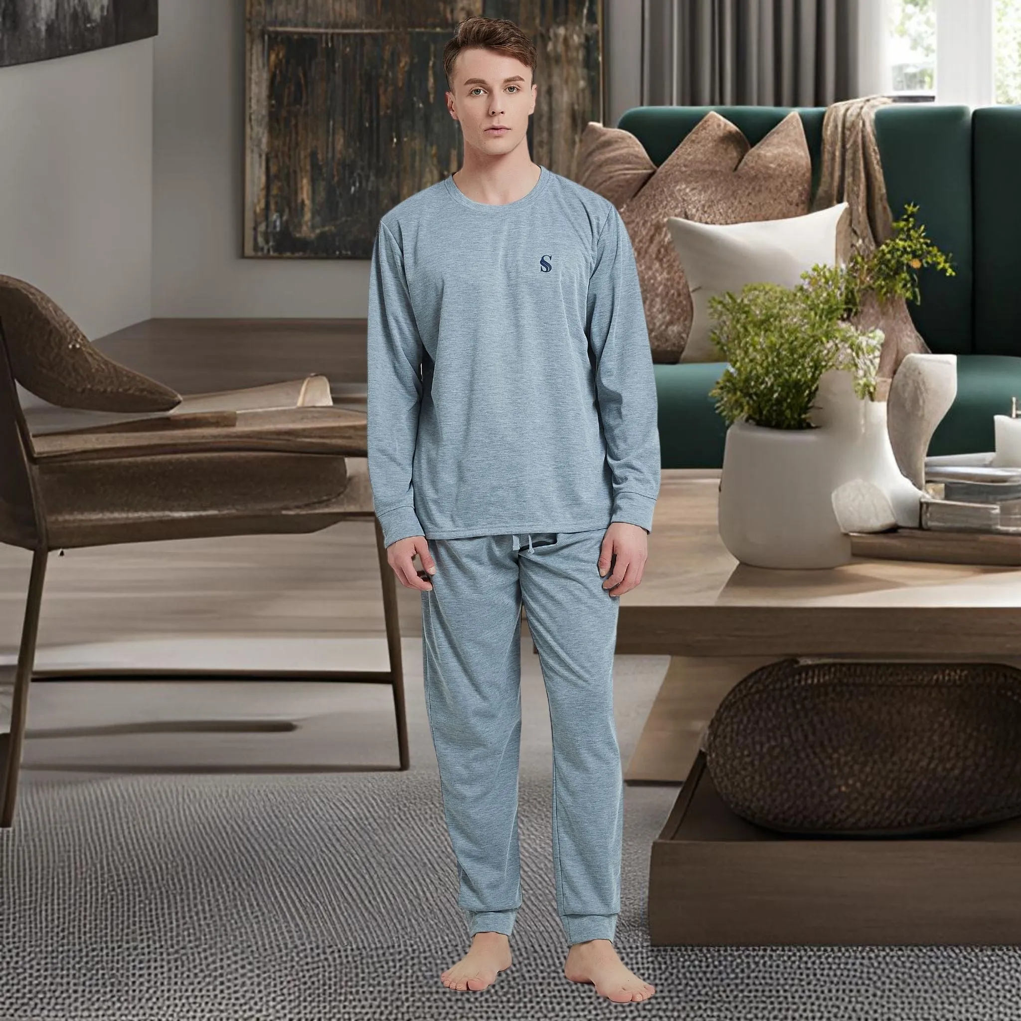 Pyjama Sets with Gray Cuffed Sleeves and Matching Bottoms