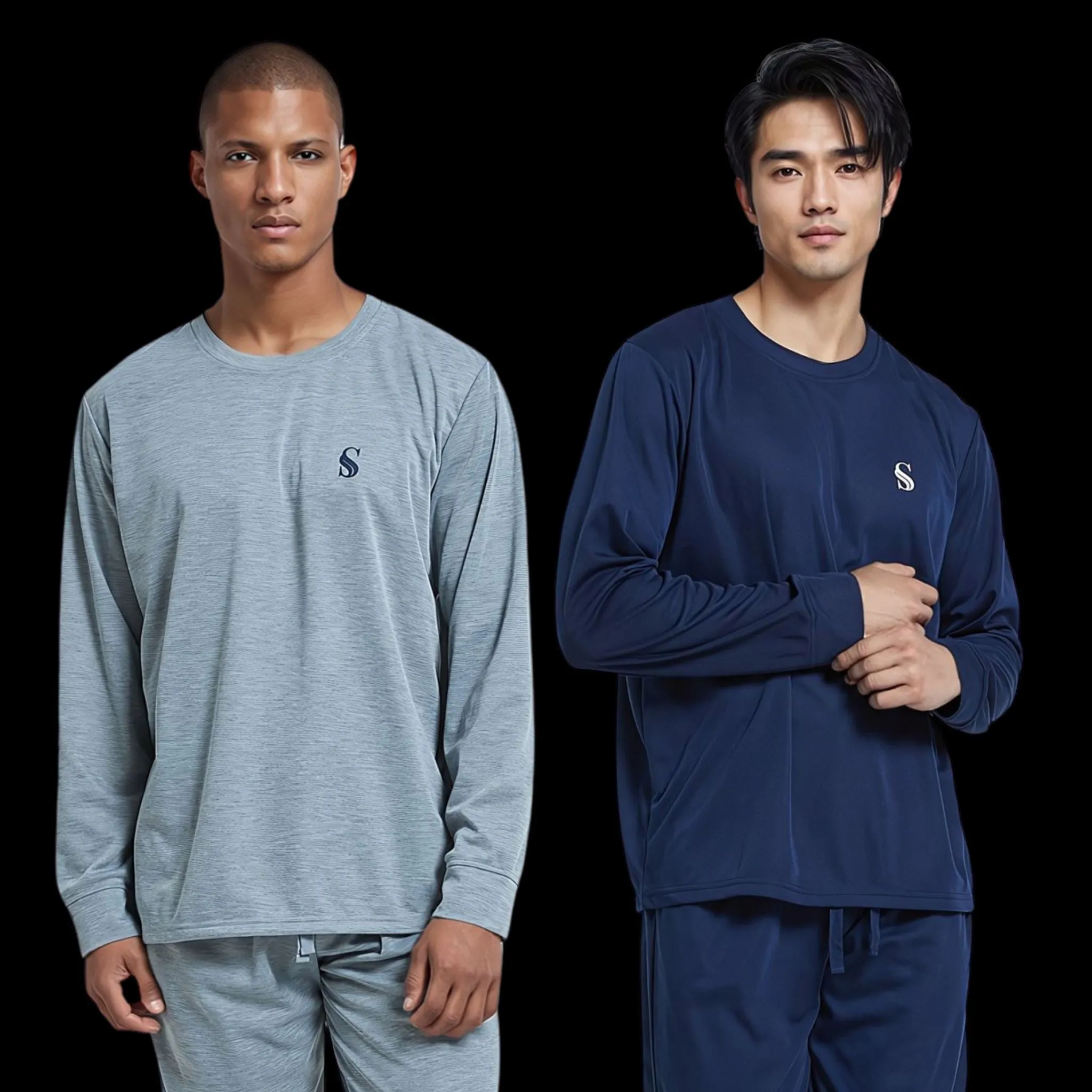 Pyjama Sets with Gray Cuffed Sleeves and Matching Bottoms