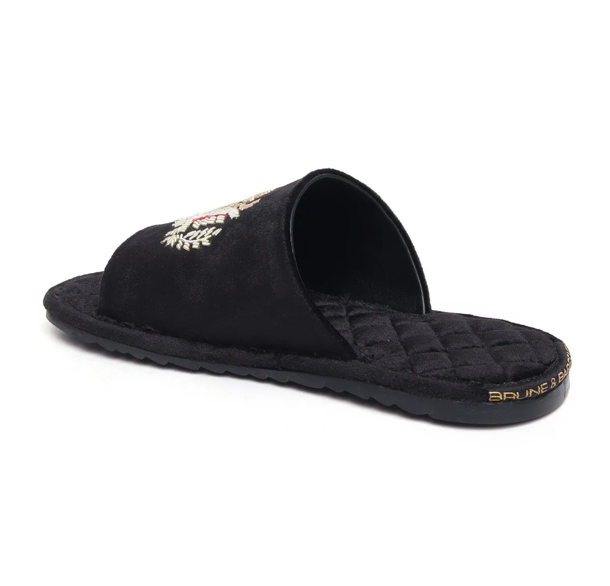 Quilted Base Slide-in Slippers with Crown Eagle Zardosi on Black Velvet