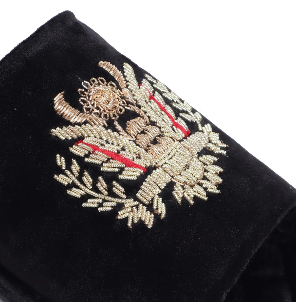 Quilted Base Slide-in Slippers with Crown Eagle Zardosi on Black Velvet