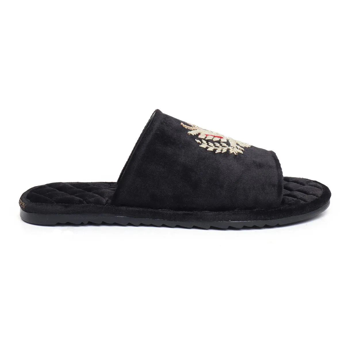 Quilted Base Slide-in Slippers with Crown Eagle Zardosi on Black Velvet