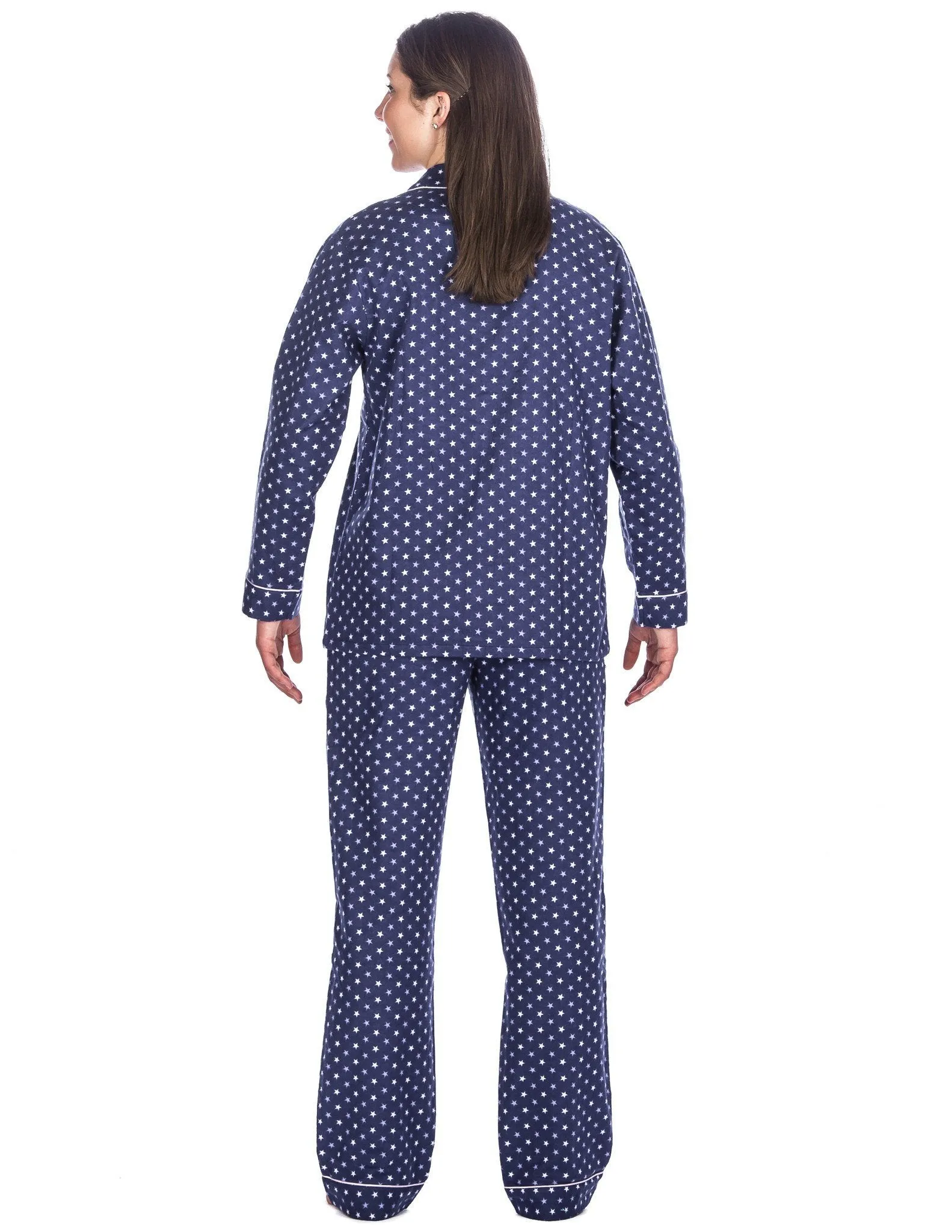Realxed Fit Womens 100% Cotton Flannel Pajama Sleepwear Set - Stars Blue