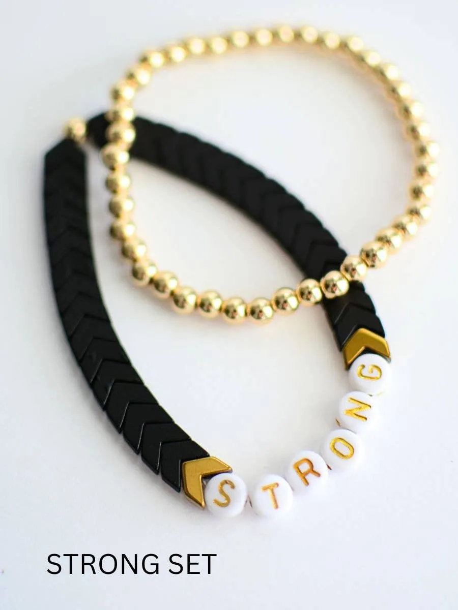 STRONG word bead black gold inspirational bracelet stack