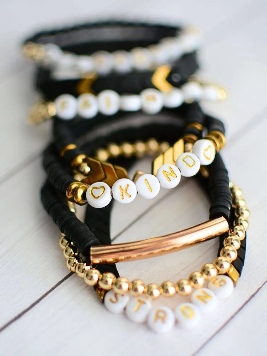 STRONG word bead black gold inspirational bracelet stack