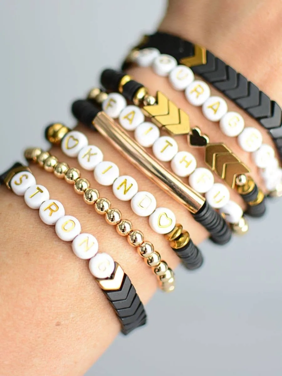 STRONG word bead black gold inspirational bracelet stack