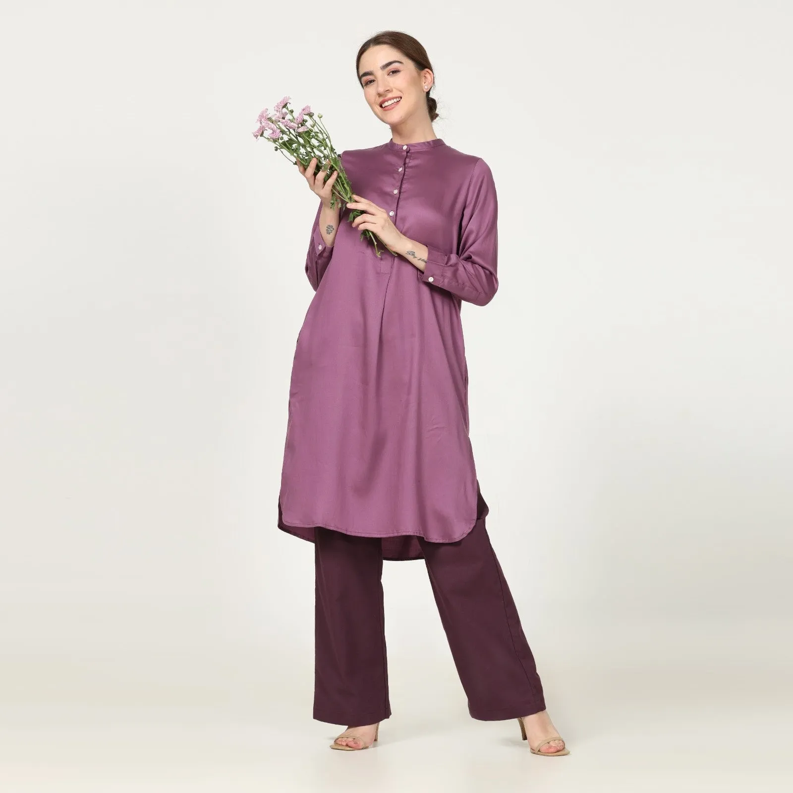 Tunic Pant Set | Straight Fit | Timeless Style | Office Wear | Purple And Coffee Brown