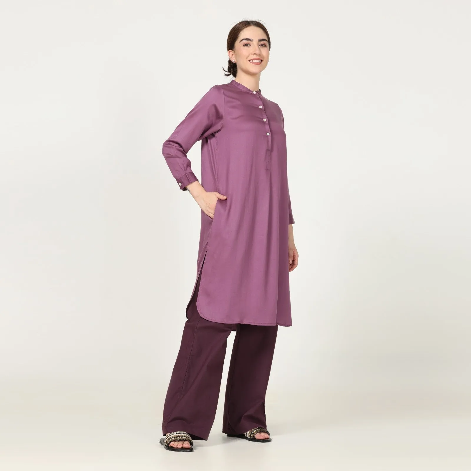 Tunic Pant Set | Straight Fit | Timeless Style | Office Wear | Purple And Coffee Brown