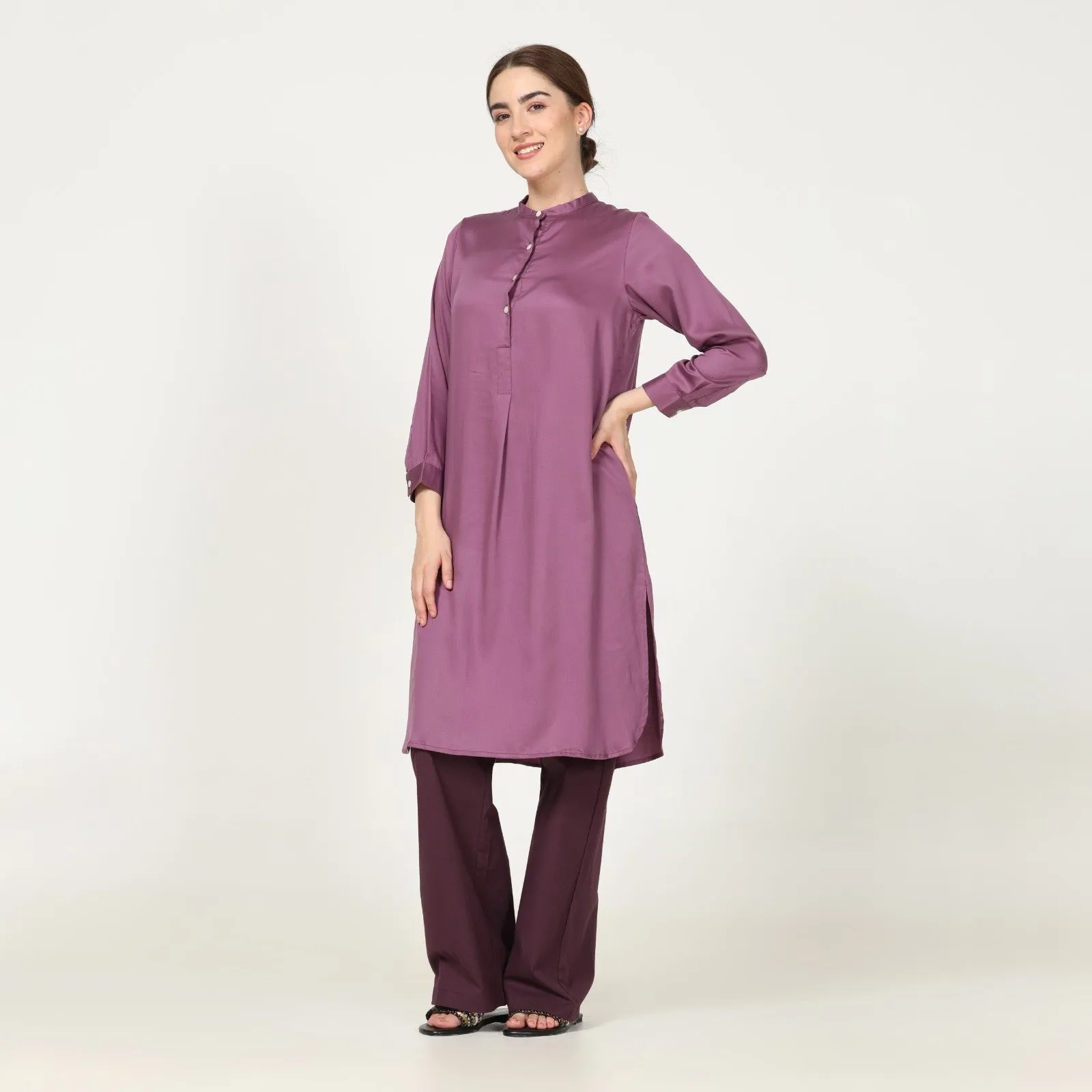 Tunic Pant Set | Straight Fit | Timeless Style | Office Wear | Purple And Coffee Brown