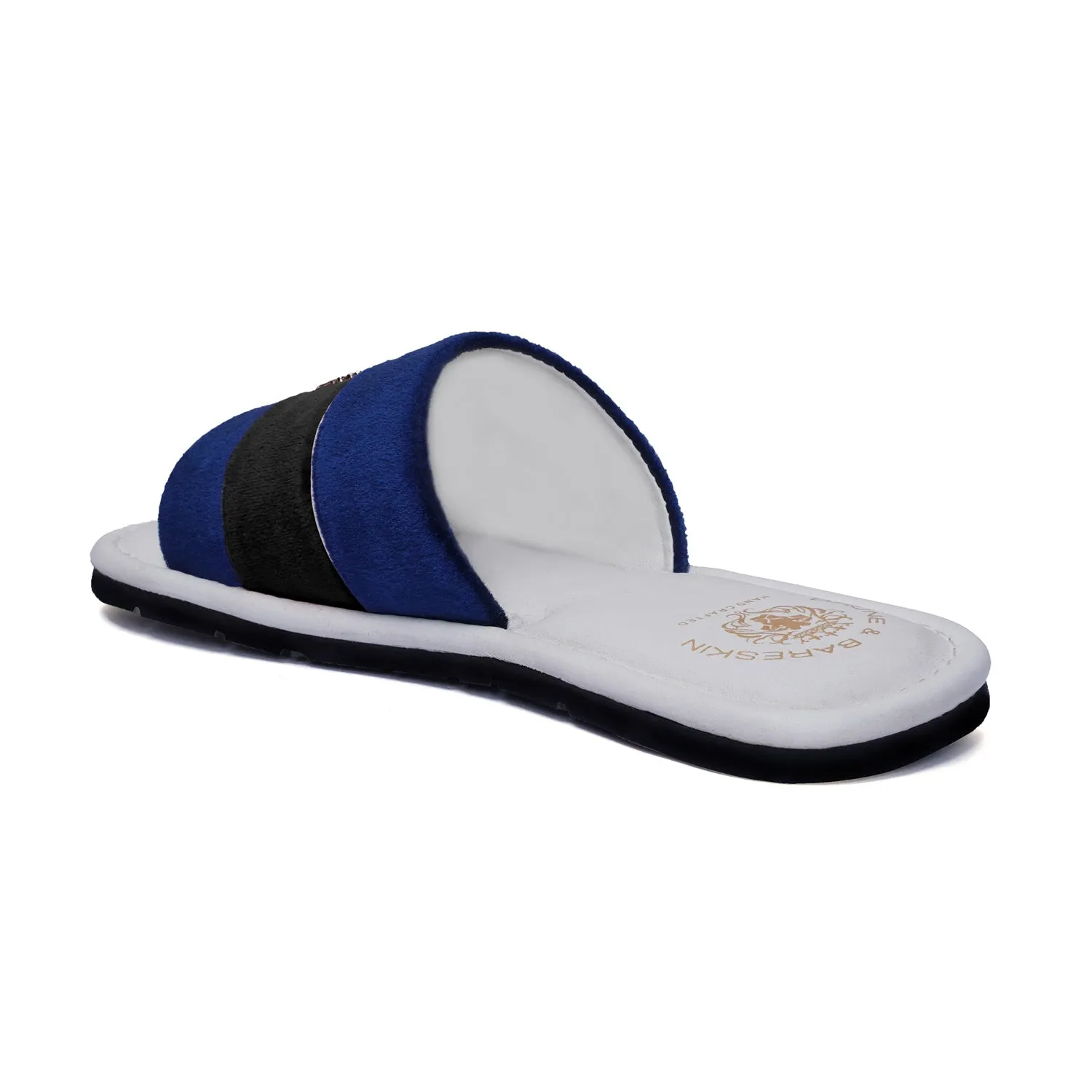 Women's Blue & Black Velvet Strap White Leather Slide-in Slippers by BRUNE & BARESKIN