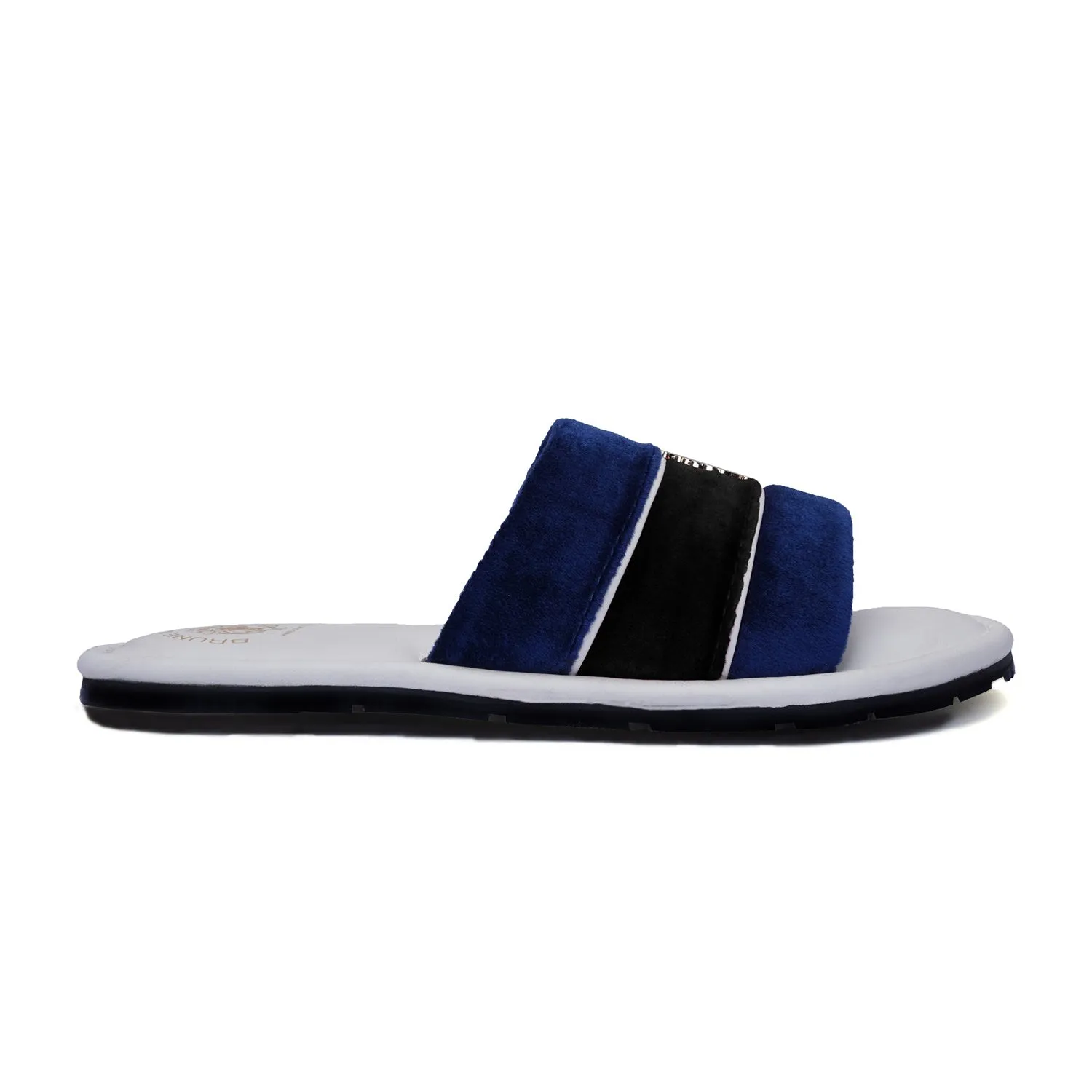Women's Blue & Black Velvet Strap White Leather Slide-in Slippers by BRUNE & BARESKIN