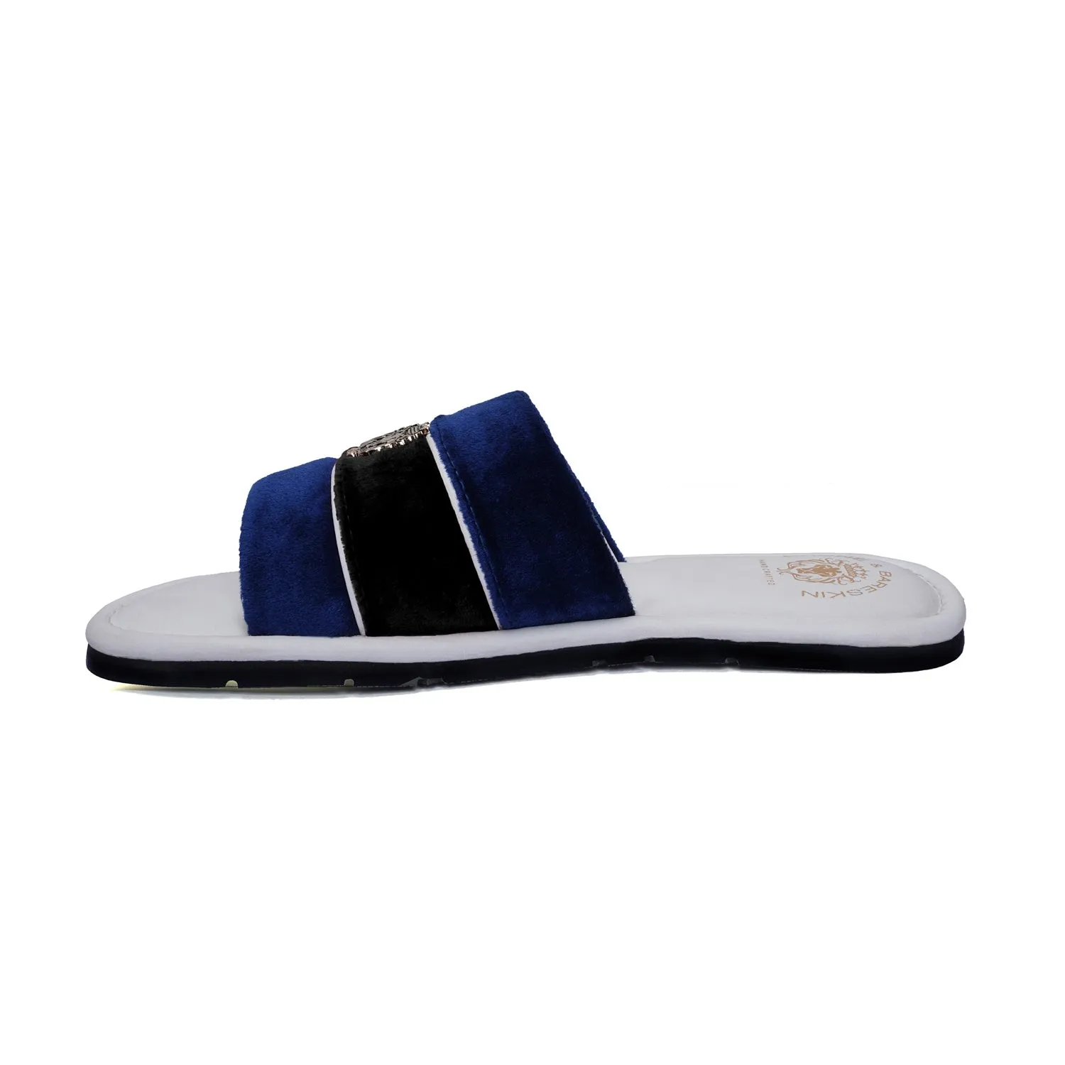 Women's Blue & Black Velvet Strap White Leather Slide-in Slippers by BRUNE & BARESKIN