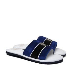 Women's Blue & Black Velvet Strap White Leather Slide-in Slippers by BRUNE & BARESKIN
