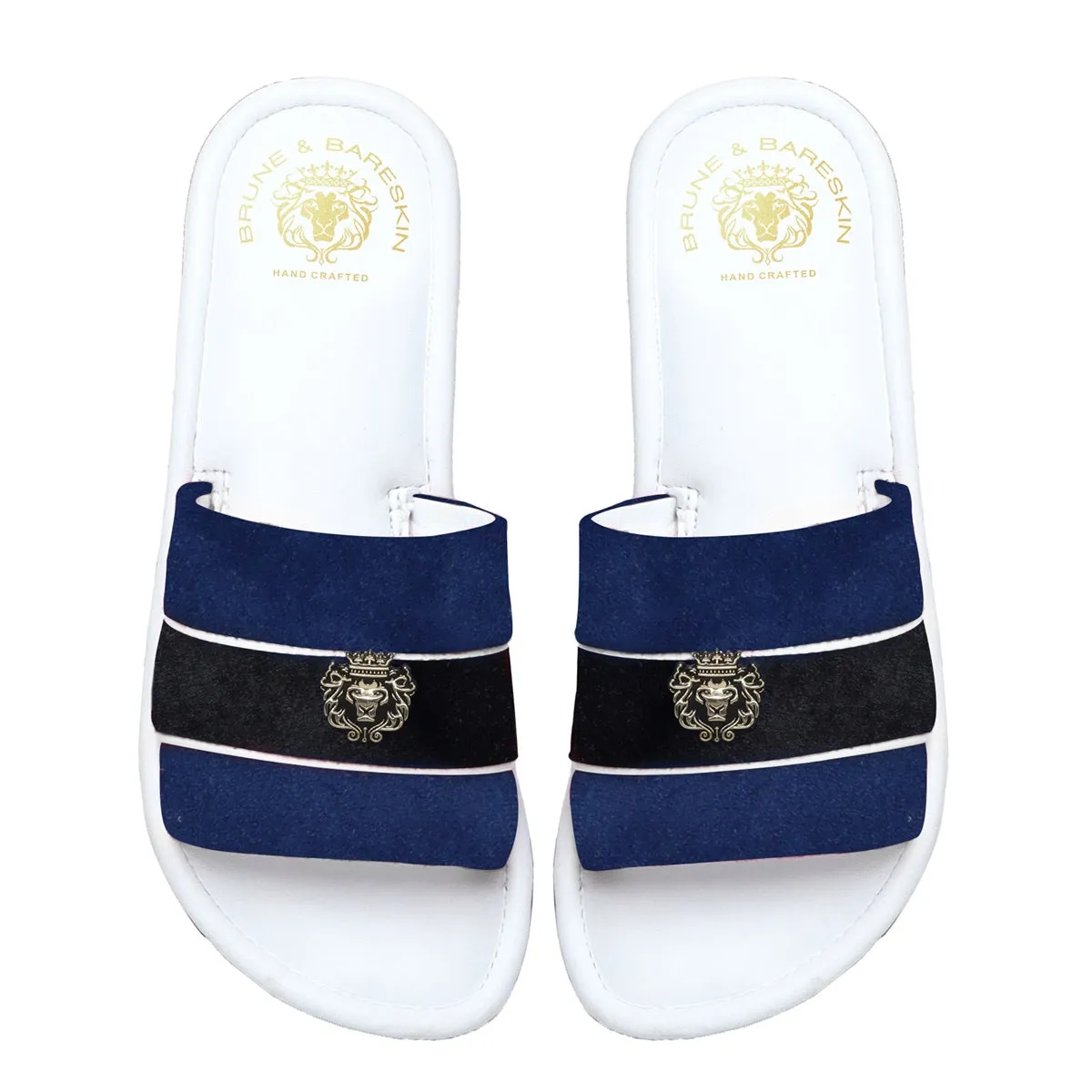 Women's Blue & Black Velvet Strap White Leather Slide-in Slippers by BRUNE & BARESKIN