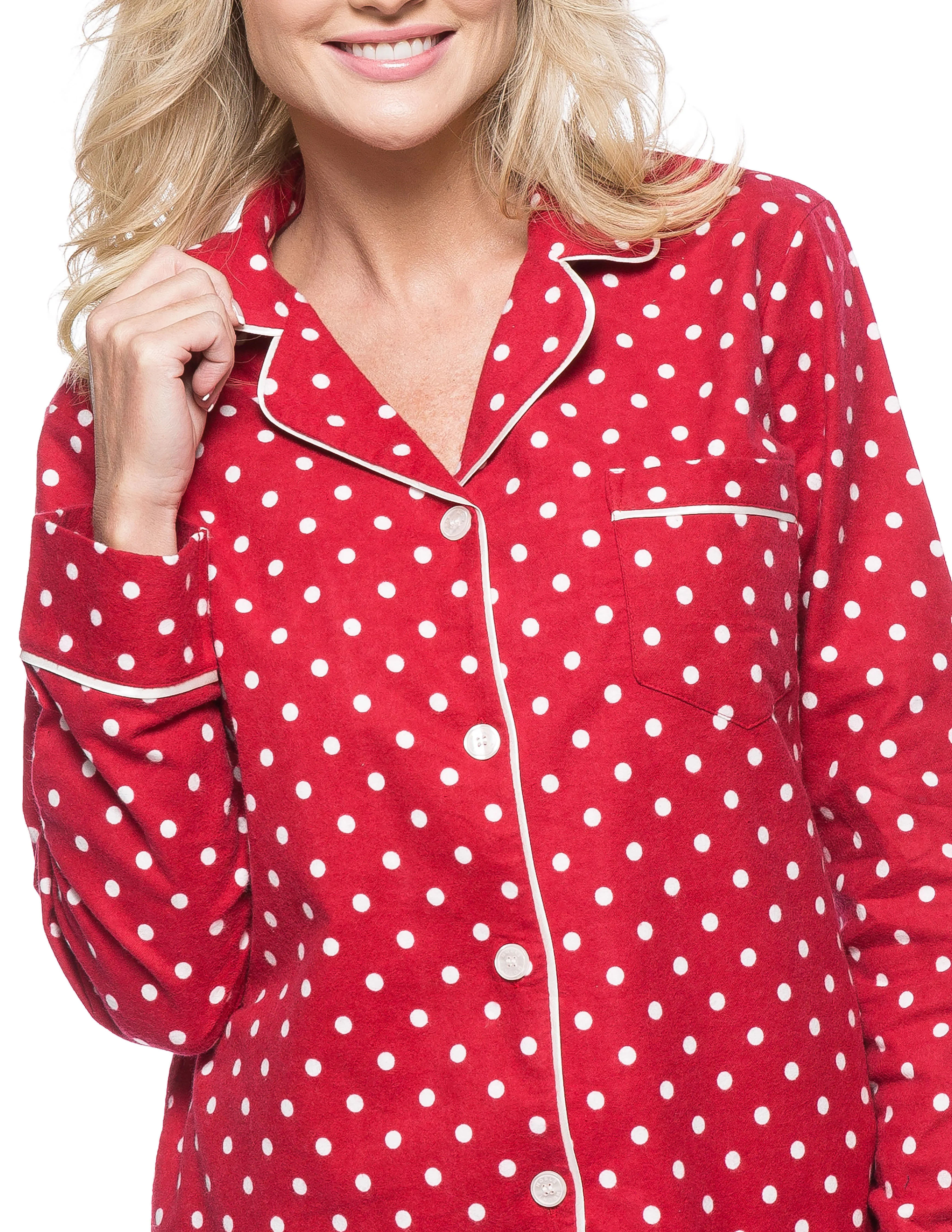 Womens Premium 100% Cotton Flannel Pajama Sleepwear Set - Dots Diva Red-White