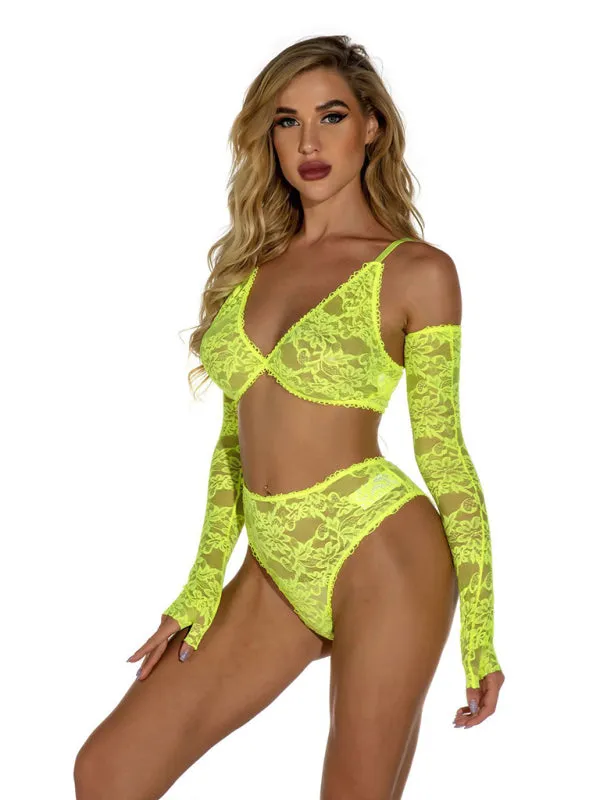 Women's Sexy Lace Bra And Pants Lingerie Set With Matching Full Length Gloves