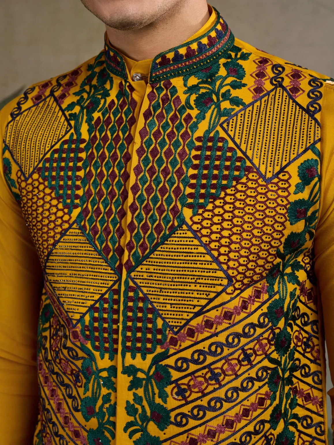 Yellow Viscose Rajwadi Silk Heavy Thread Work Kurta Payjama With Koti Jacket