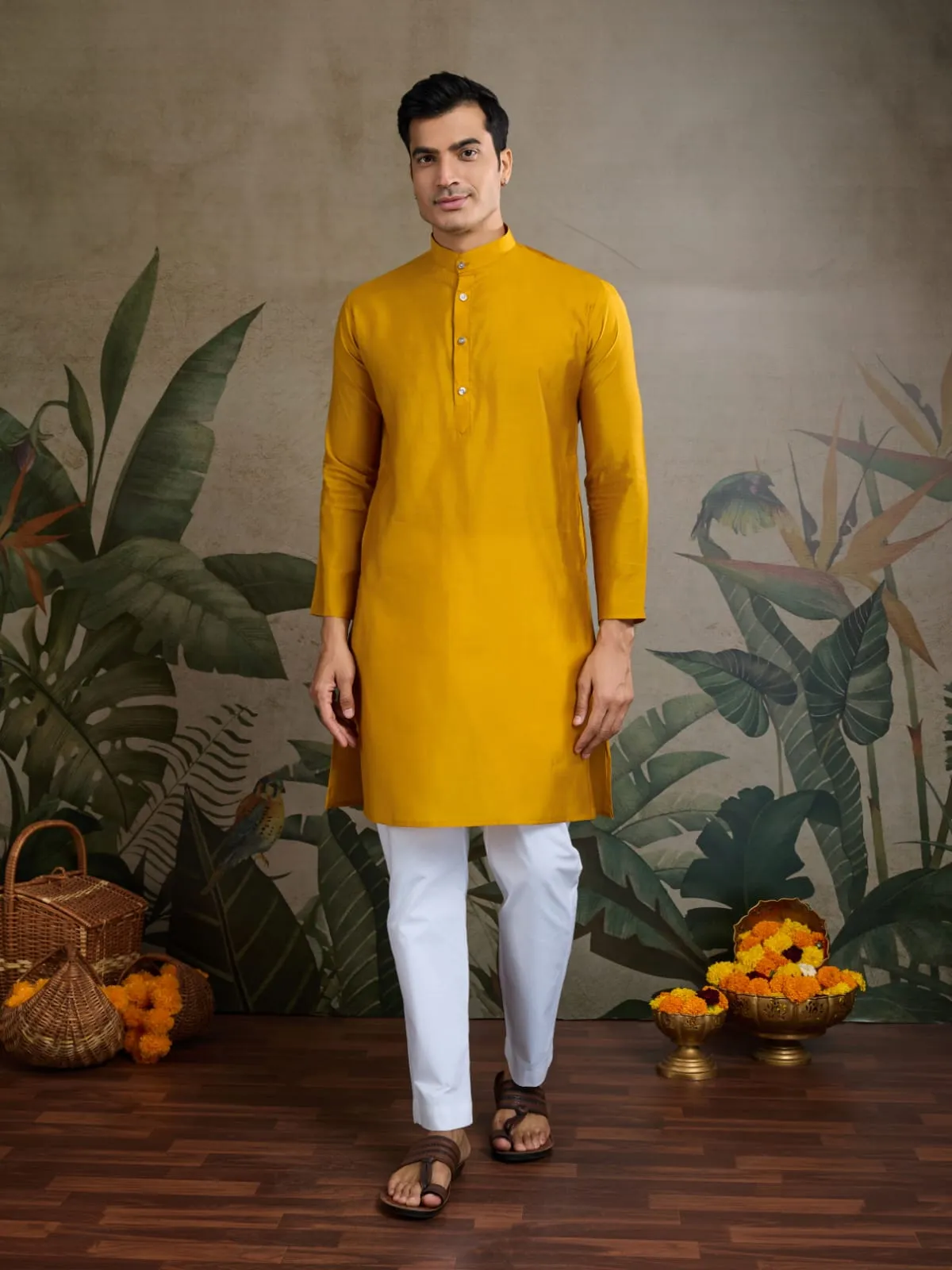 Yellow Viscose Rajwadi Silk Heavy Thread Work Kurta Payjama With Koti Jacket