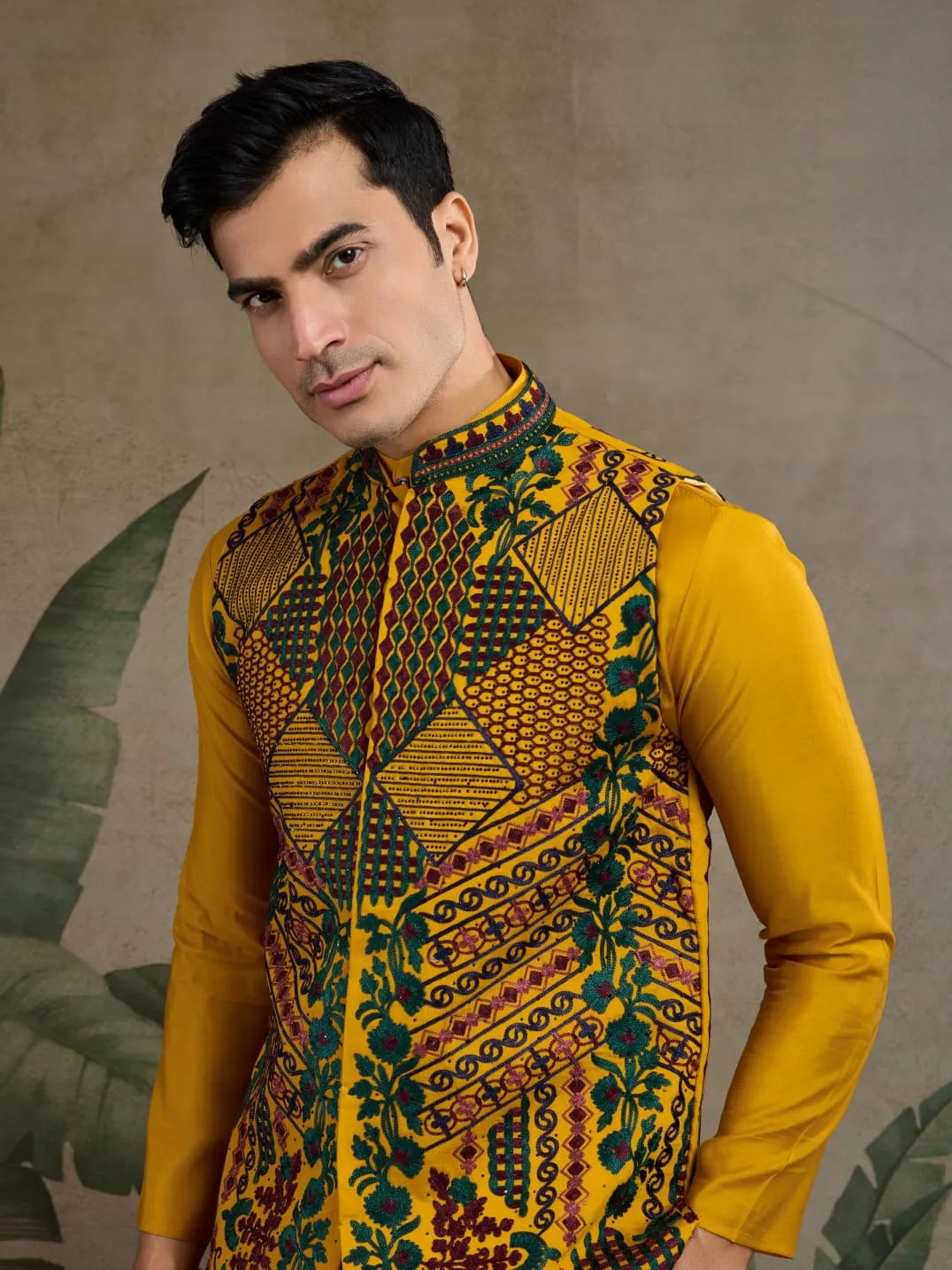 Yellow Viscose Rajwadi Silk Heavy Thread Work Kurta Payjama With Koti Jacket